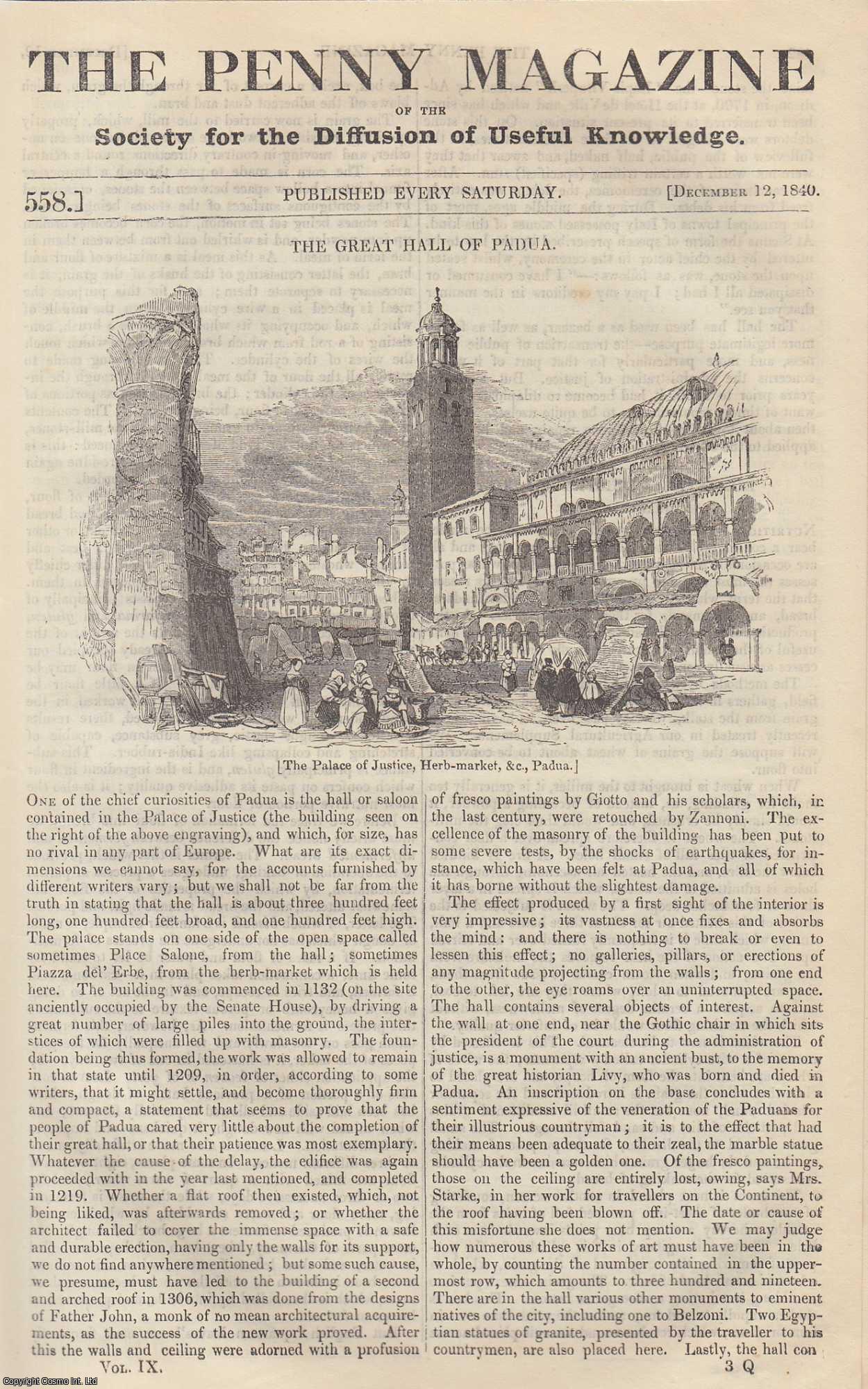 Penny Magazine - The Great Hall of Padua; A Quartern Loaf (Domestic Chemistry); The Asphaltum Lakes of Palestine and Trinidad; The Sisters of Charity. Issue No. 558, December 12th, 1840. A complete original weekly issue of the Penny Magazine, 1840.