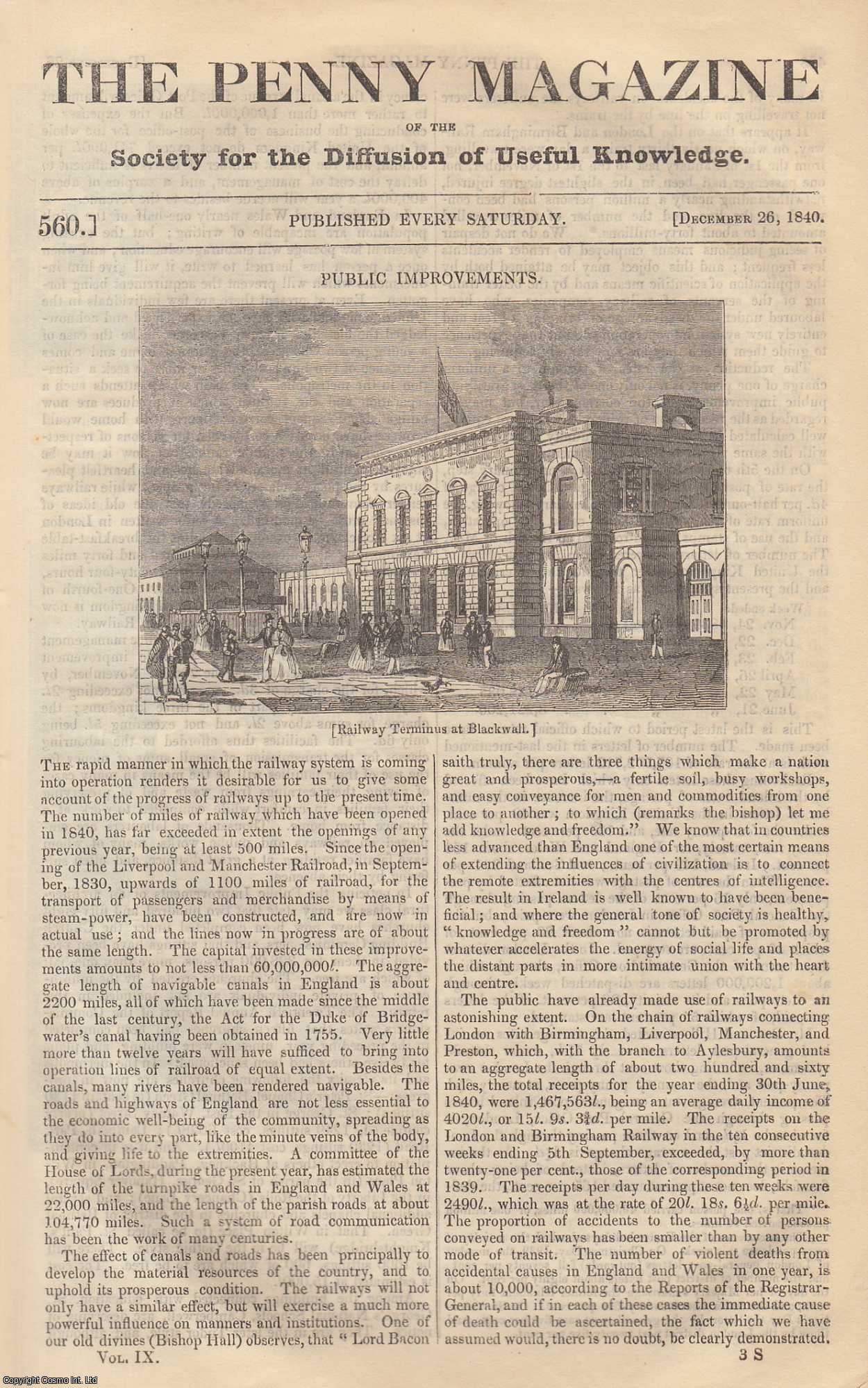 Penny Magazine - Public Improvements. Issue No. 560, December 26th, 1840. A complete original weekly issue of the Penny Magazine, 1840.