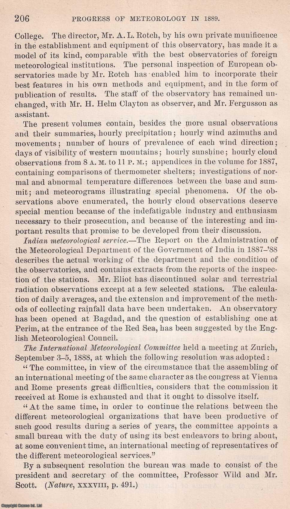 CURTIS, GEORGE E. - International Polar Work; Necrology; Climate, Weather Predictions and Verifications; Methods of Reduction; Aeronautics, and more (Progress of Meteorology in 1889). An original article from the Report of the Smithsonian Institution, 1889.
