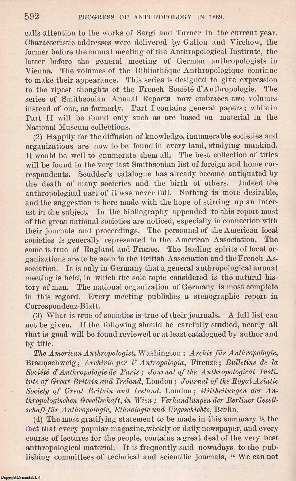 PROF. OTIS T. MASON - Biological, Psychology, Ethnology, Glossology, Technology, and more (Progress of Anthropology in 1889). An original article from the Report of the Smithsonian Institution, 1889.
