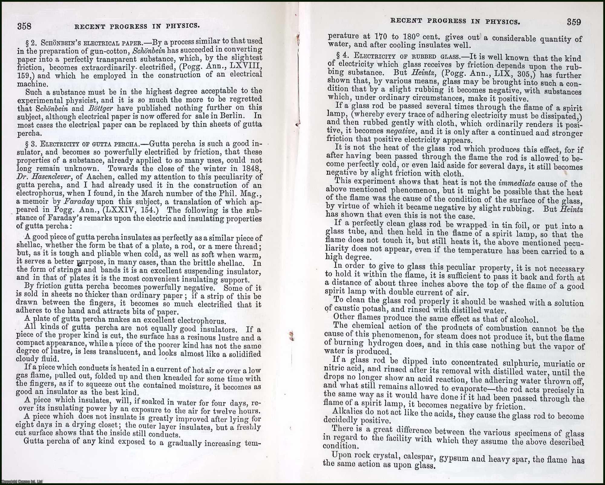 MULLER, JOH - Electrical Relations of Different Substances, Electrical Machines, and Electrometers TOGETHER WITH Induction of Electricity TOGETHER WITH The Leyden Jar and Effects of The Discharge TOGETHER WITH Electrical Spark and Brush TOGETHER WITH Electrical Odor. An original article from the Report of the Smithsonian Institution, 1856.