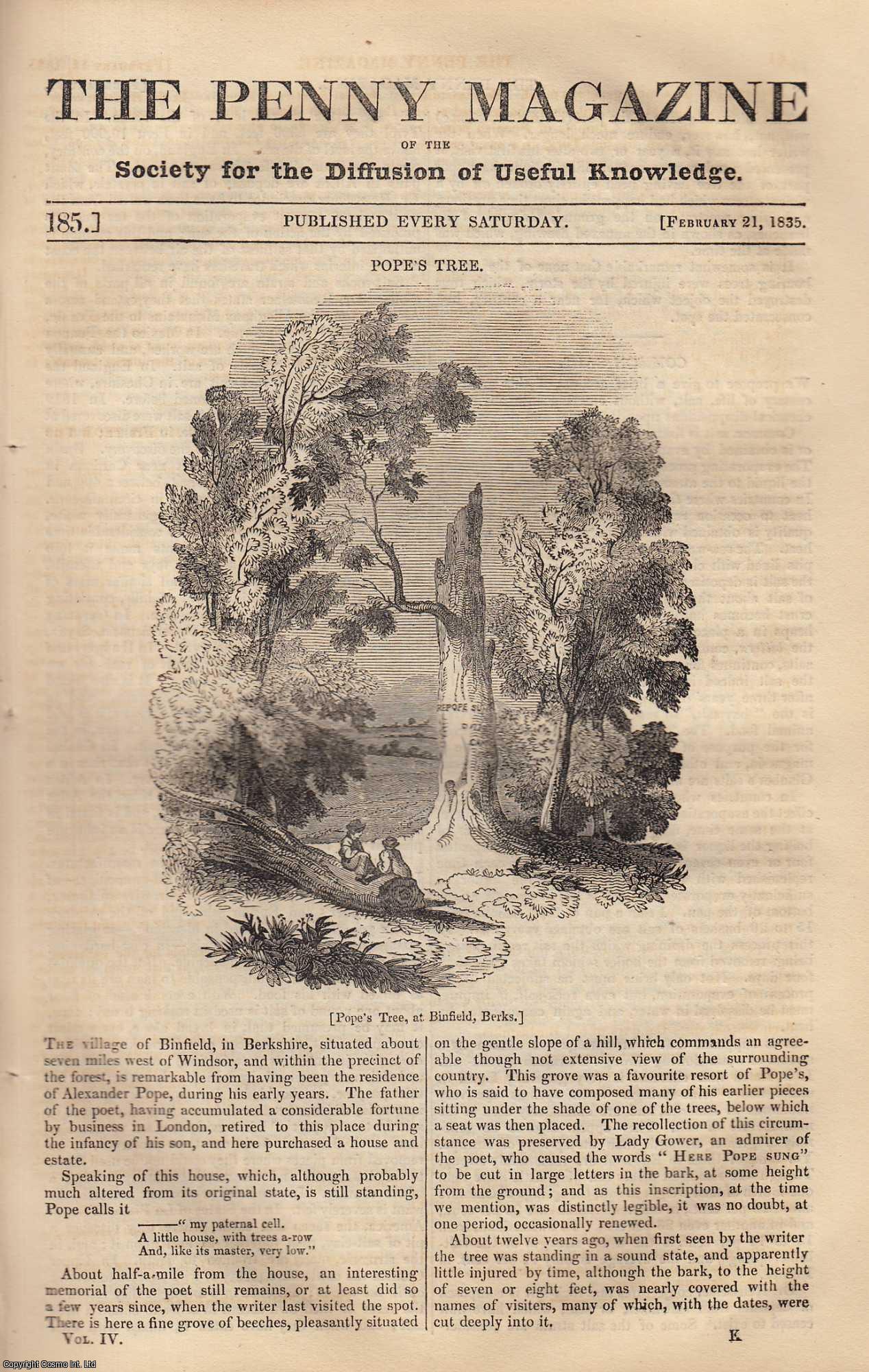 --- - Pope's Tree at Binfield, Berks; Steam-Boat Explosions in The USA; Common Salt; Cod-Fishing in Labrador; La Trappe. Issue No. 185, February 21, 1835. A complete rare weekly issue of the Penny Magazine, 1835.