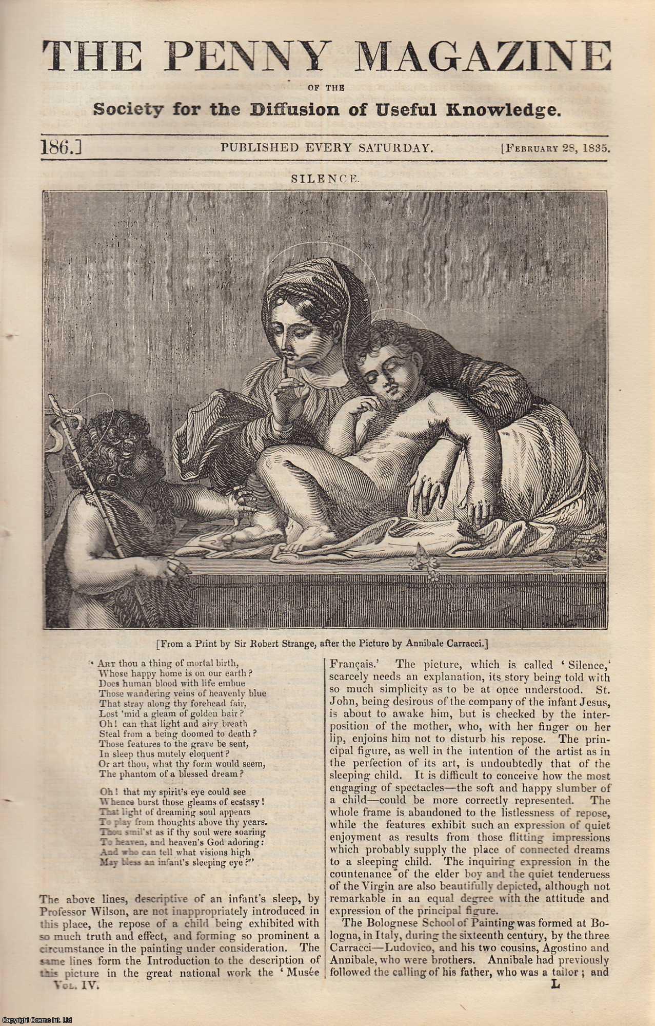 --- - Chinese Mode of Fishing with Cormorants; The Loss of The Earl of Eldon by Fire; Silence (an infant sleeping); Spring (the month). Issue No. 186, February 28, 1835. A complete rare weekly issue of the Penny Magazine, 1835.