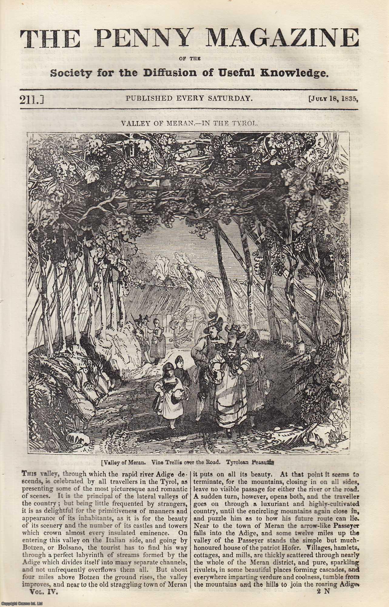 --- - The Valley of Meran, in The Tyrol; Galilee of Durham Cathedral, and Tomb of Venerable Bede; Butter; The Great Eagle. Issue No. 211, July 18, 1835. A complete rare weekly issue of the Penny Magazine, 1835.