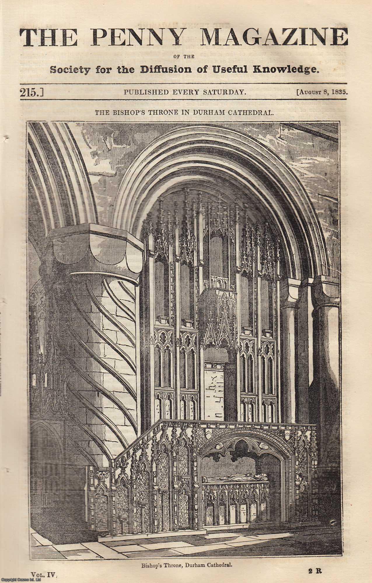 --- - The Bishop's Throne in Durham Cathedral; Piazza of Monte Cavallo; The Catacombs of Kief; Monomania in Horses. Issue No. 215, August 8, 1835. A complete rare weekly issue of the Penny Magazine, 1835.