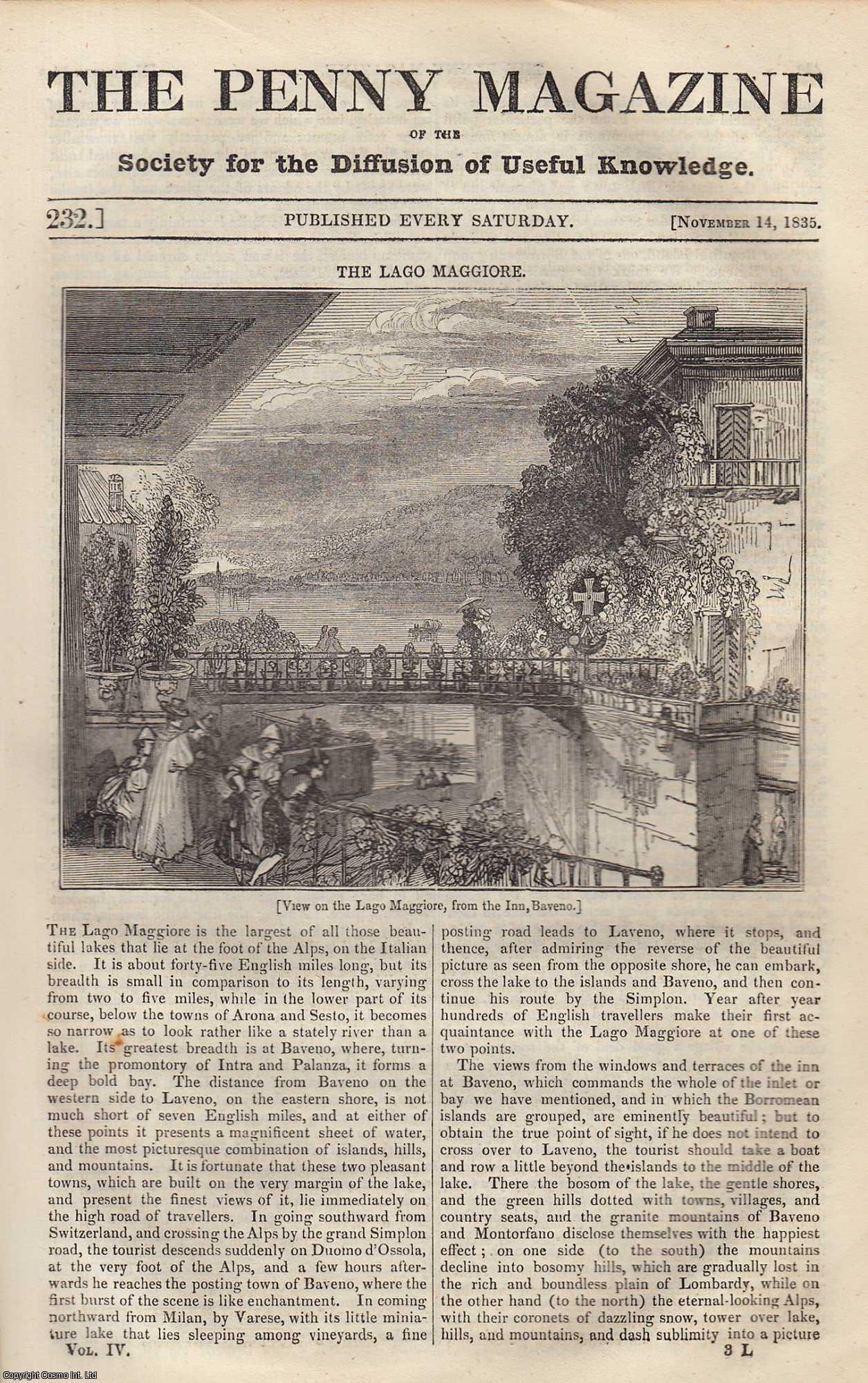 --- - The Lago Maggiore (Alps, Italian side); Popular Wood-Cutting Prints; Sir John Moore; Farnham Castle; Tea (Drink) in China. Issue No. 232, November 14, 1835. A complete rare weekly issue of the Penny Magazine, 1835.