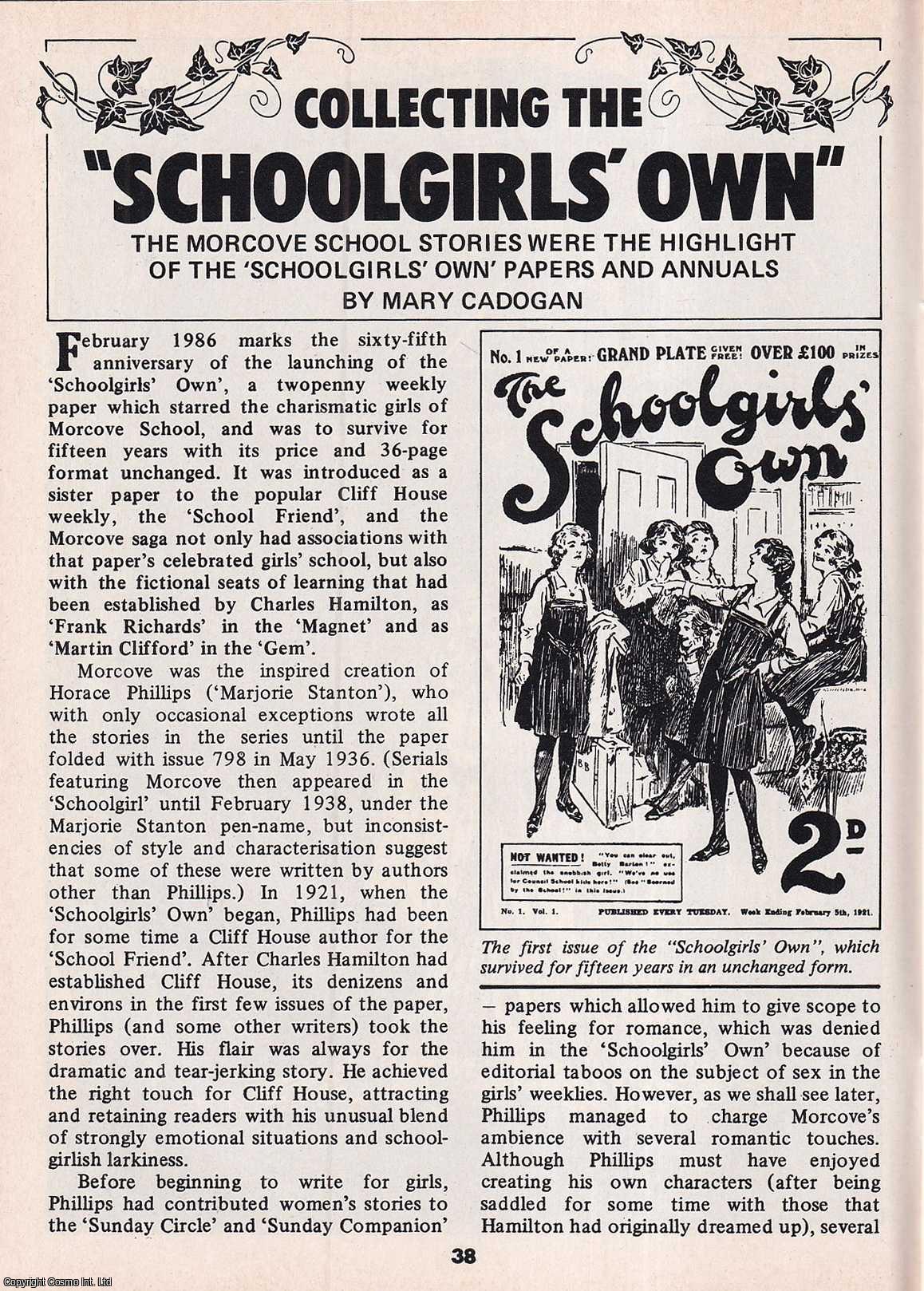 Mary Cadogan - Collecting The Schoolgirls Own. The Morcove School Stories. This is an original article separated from an issue of The Book & Magazine Collector publication, 1986.