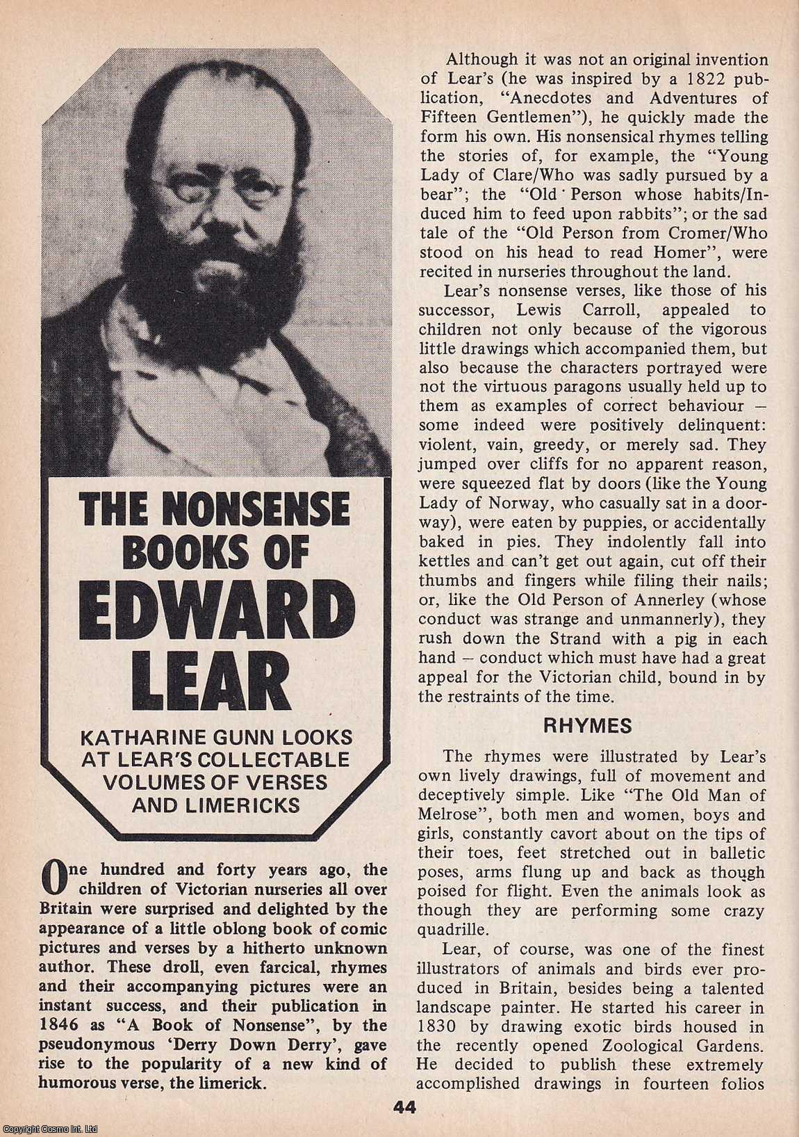 Katharine Gunn - The Nonsense Books of Edward Lear. His Collectable Volumes of Verses and Limericks. This is an original article separated from an issue of The Book & Magazine Collector publication, 1986.