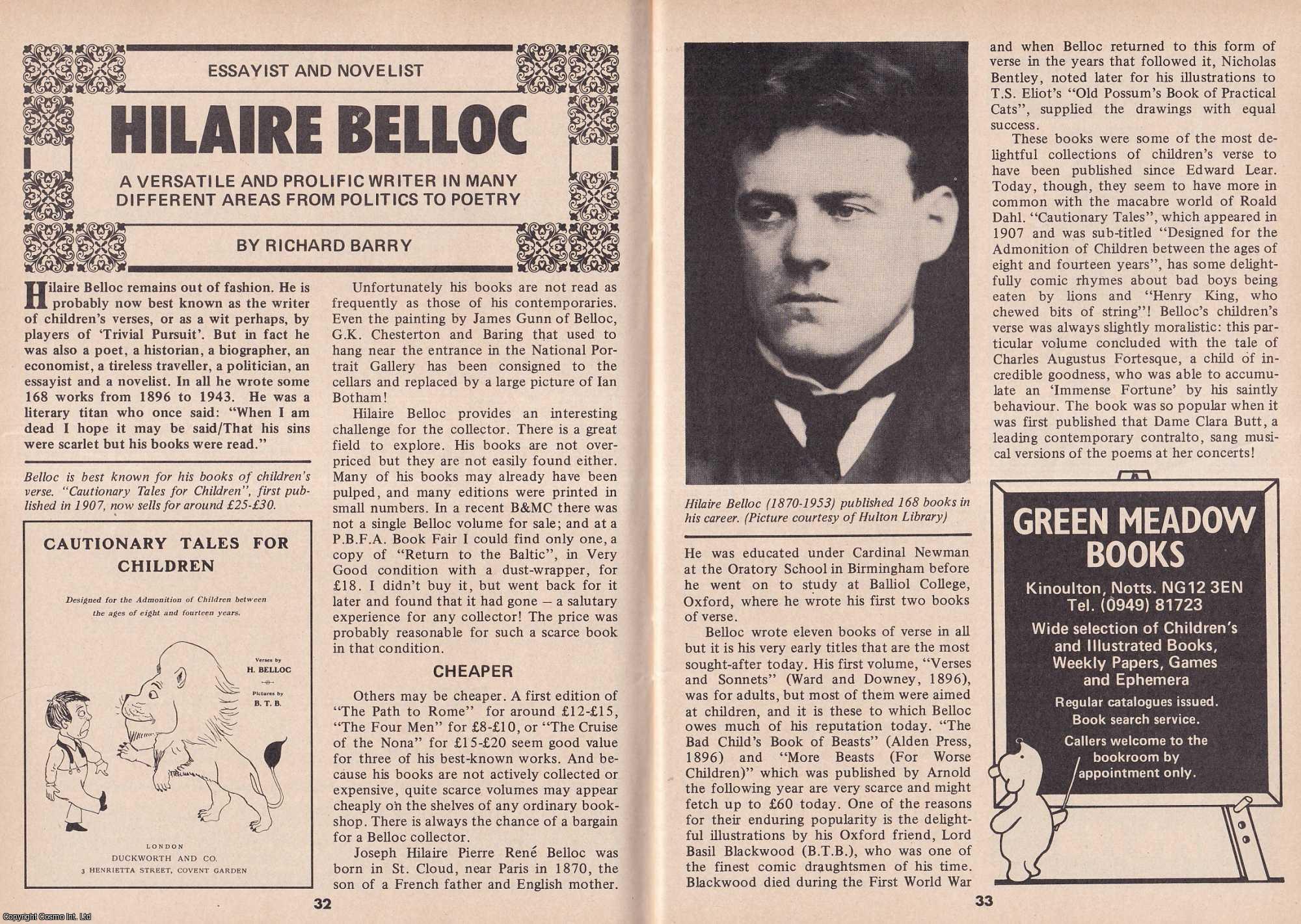 Richard Barry - Essayist and Novelist Hilaire Belloc. A Versatile and Prolific Writer. This is an original article separated from an issue of The Book & Magazine Collector publication.