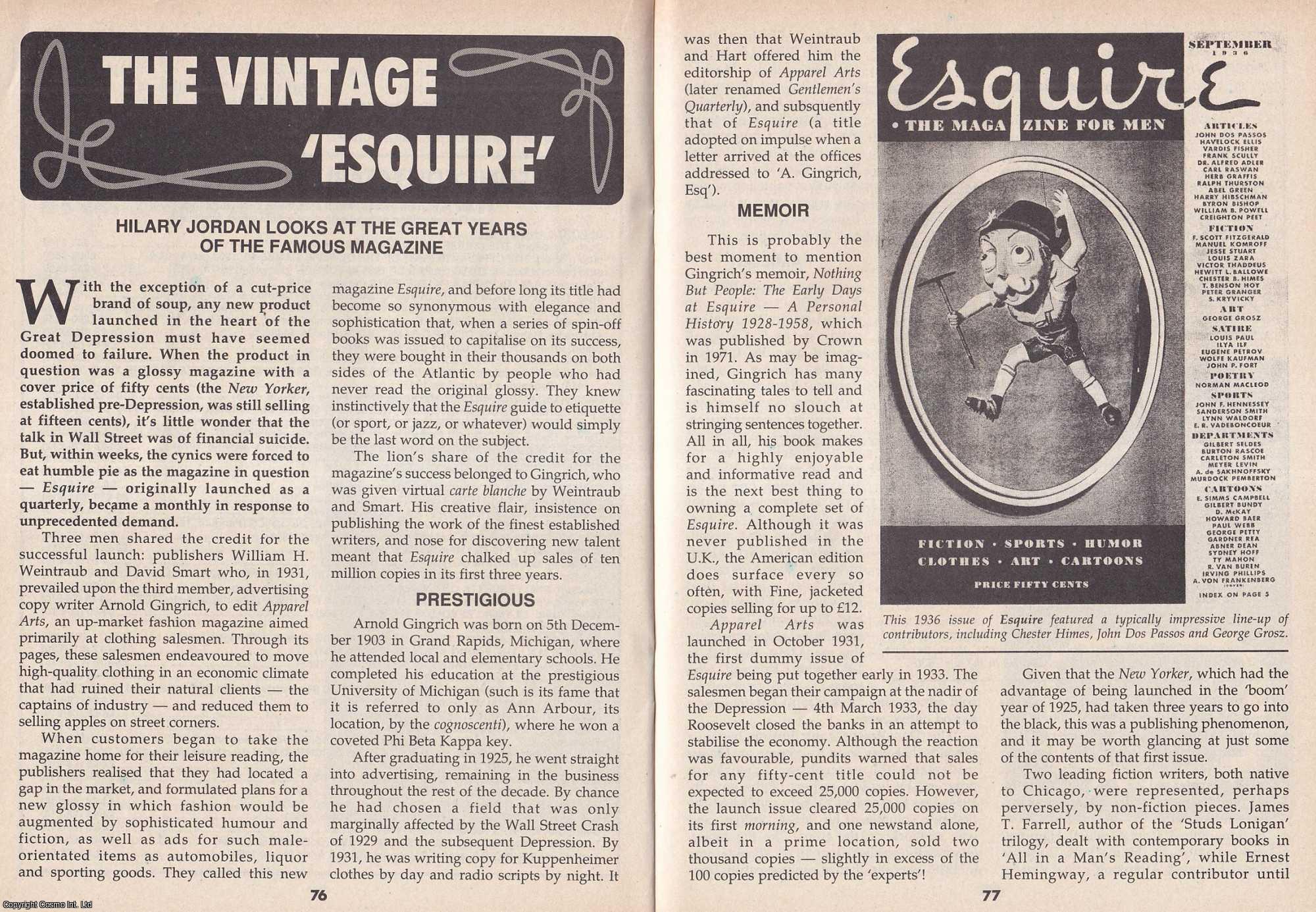 Hilary Jordan - The Vintage Esquire. Looking at The Great Years of The Famous Magazine. This is an original article separated from an issue of The Book & Magazine Collector publication.