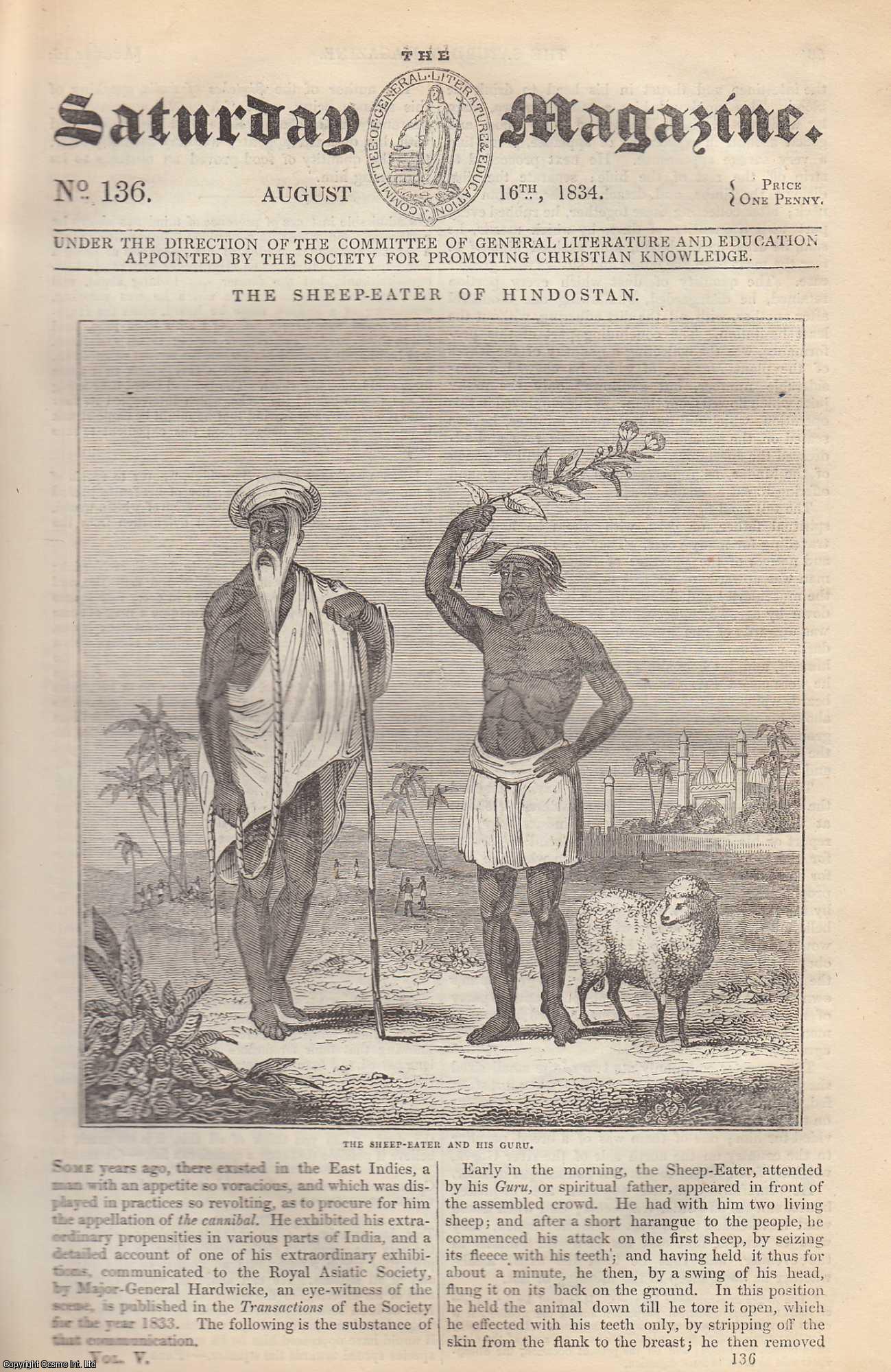 ---. - The Sheep-Eater of Hindostan; The Battle of Vittoria; Watch making. Issue No. 136. August, 1834. A complete rare weekly issue of the Saturday Magazine, 1834.