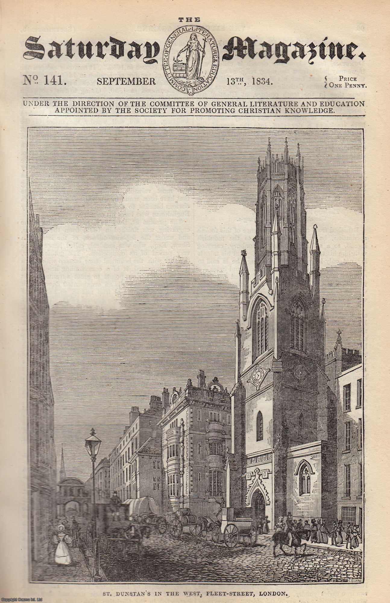 Saturday Magazine - St. Dunstan's in The West, Fleet-Street, London; The Flesh-Fly. Issue No. 141. September, 1834. A complete rare weekly issue of the Saturday Magazine, 1834.