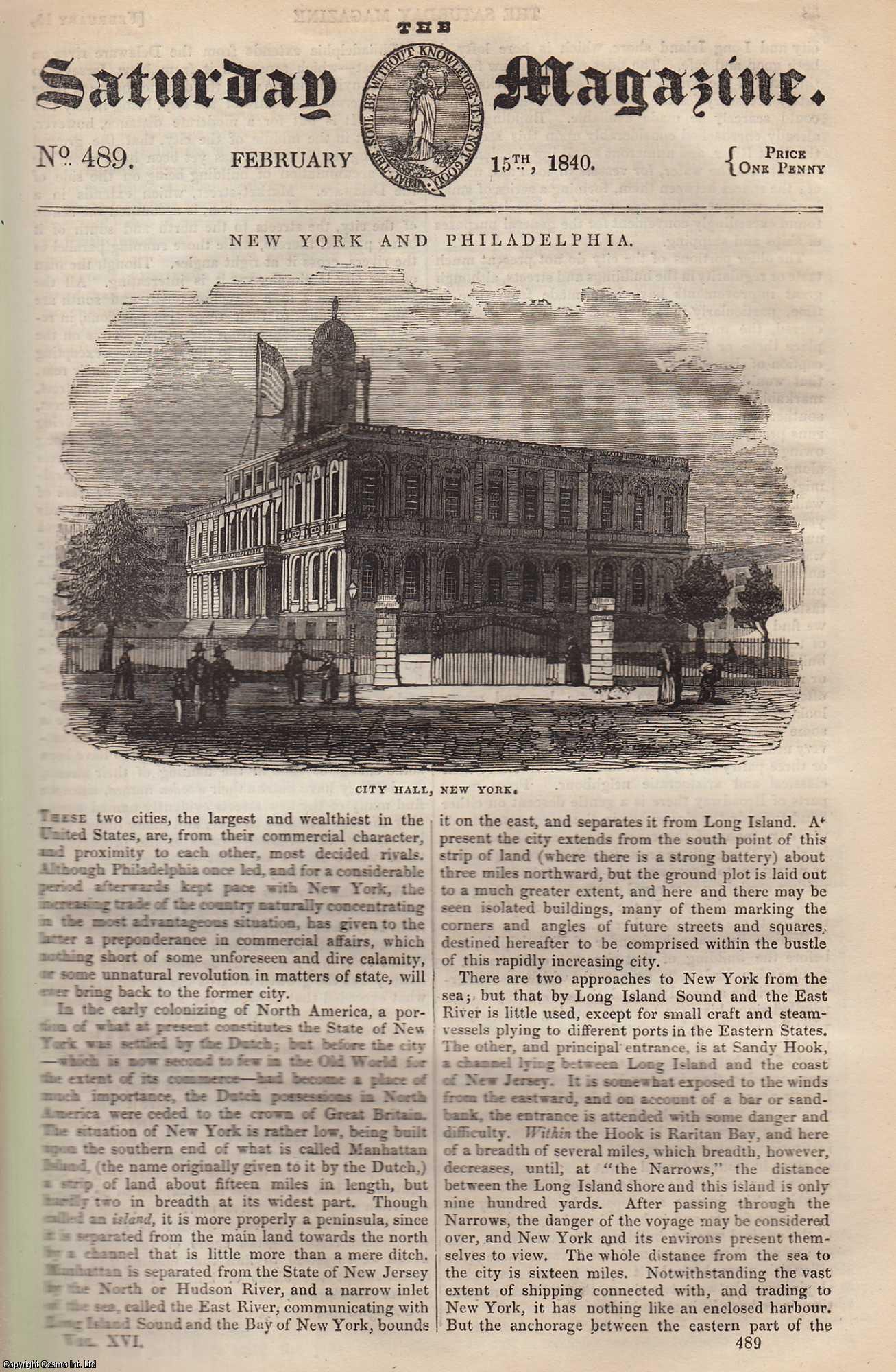 ---. - New York and Philadelphia; The Emancipation of Lunatics; Wild Beast Tamers. Issue No. 489. February, 1840. A complete rare weekly issue of the Saturday Magazine, 1840.