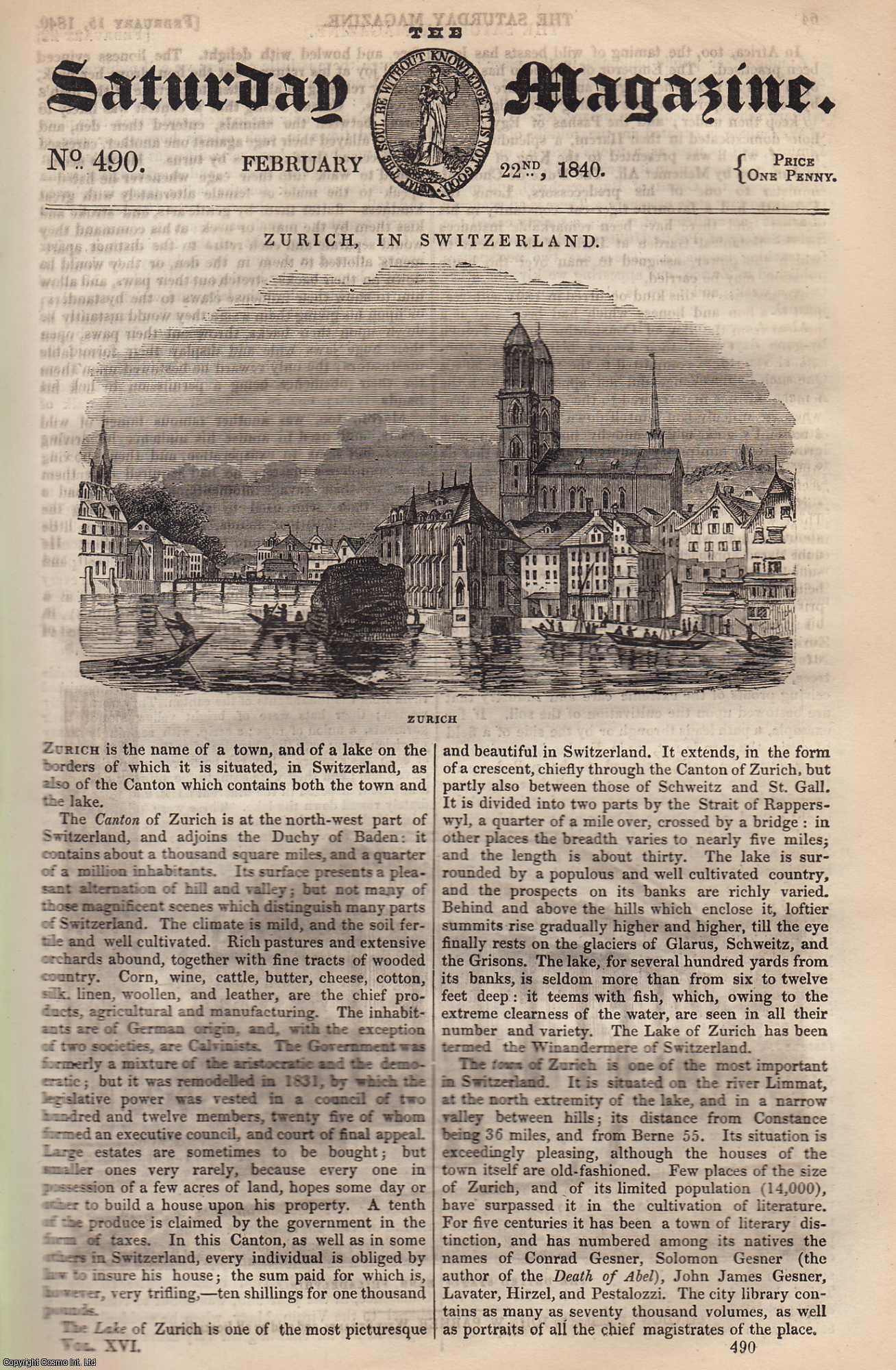 ---. - Zurich, in Switzerland; The Hydrostatic Press (machine); Skating (on ice). Issue No. 490. February, 1840. A complete rare weekly issue of the Saturday Magazine, 1840.