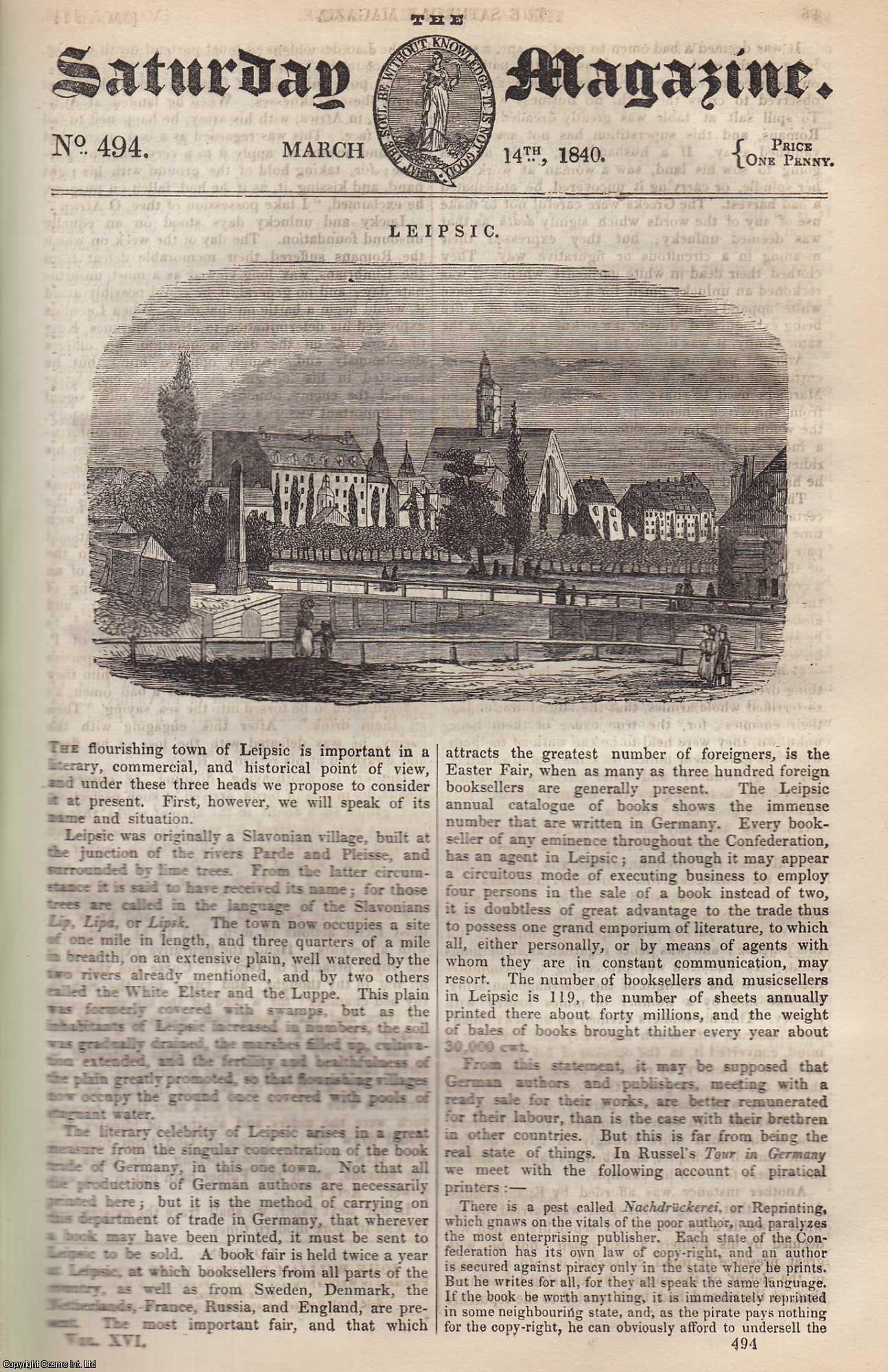---. - Leipzig; Historical Notice of Whitehall Palace (London), in The Time of Charles The First. Issue No. 494. March, 1840. A complete rare weekly issue of the Saturday Magazine, 1840.