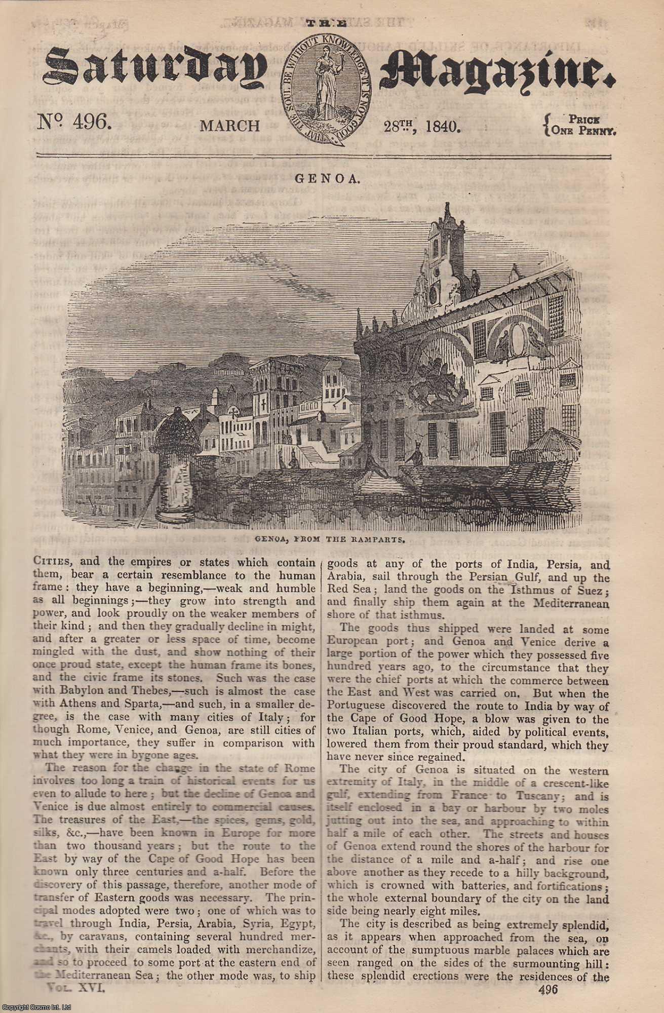 ---. - Genoa (city in Italy); Bycknacre Priory, Essex. Issue No. 496. March, 1840. A complete rare weekly issue of the Saturday Magazine, 1840.