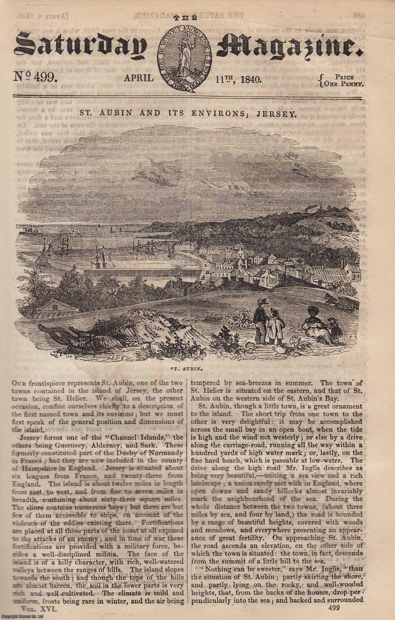 Saturday Magazine - St. Aubin and its Environs, Jersey; The Persian (water) Wheel; The Stag Beetle (Lucanus Cervus). Issue No. 499. April, 1840. A complete rare weekly issue of the Saturday Magazine, 1840.