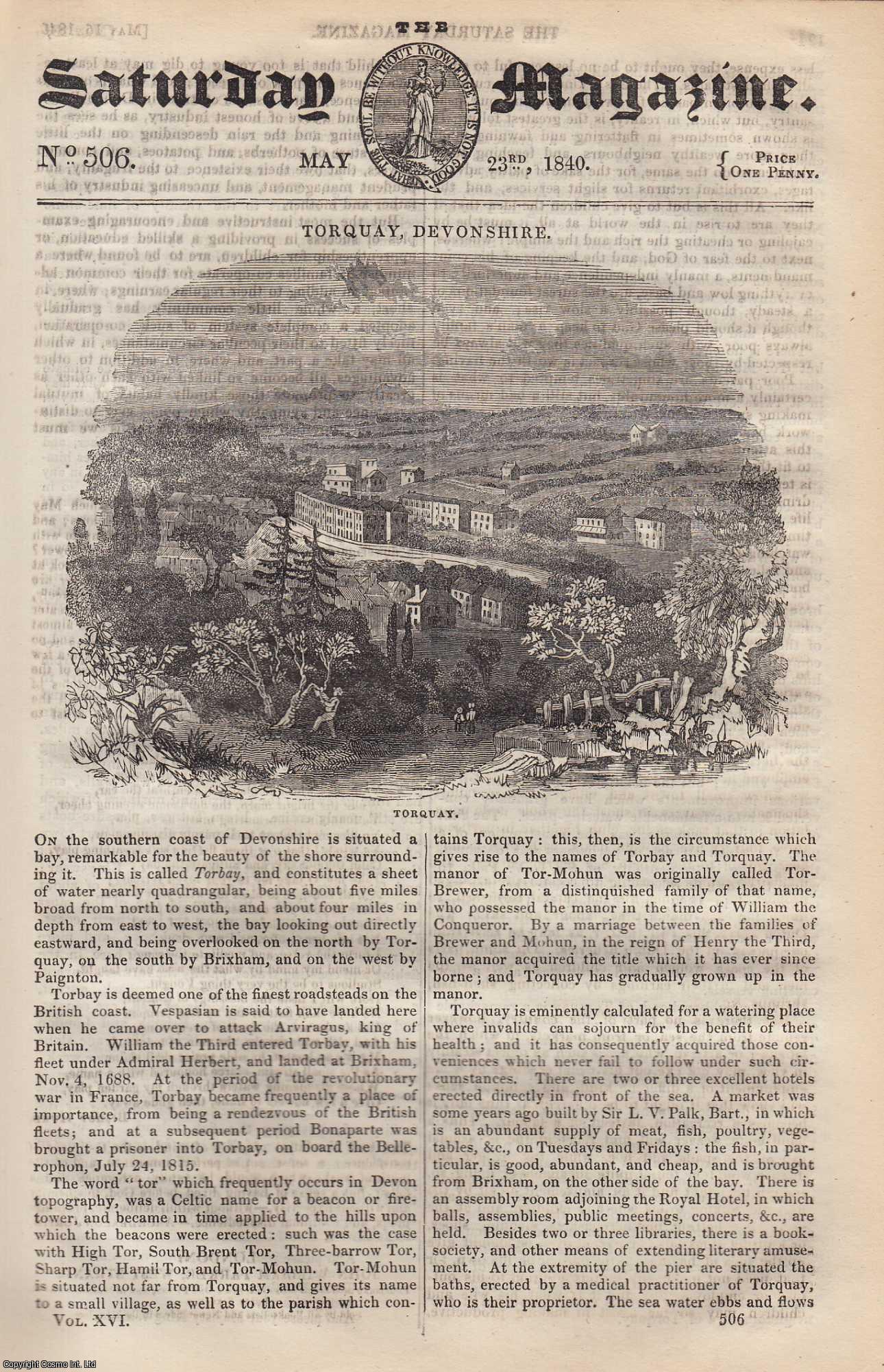---. - Torquay, Devonshire; Proportional Compasses (drawing instrument); Anecdotes of a Tamed Panther, by Mrs. Bowditch. Issue No. 506. May, 1840. A complete rare weekly issue of the Saturday Magazine, 1840.