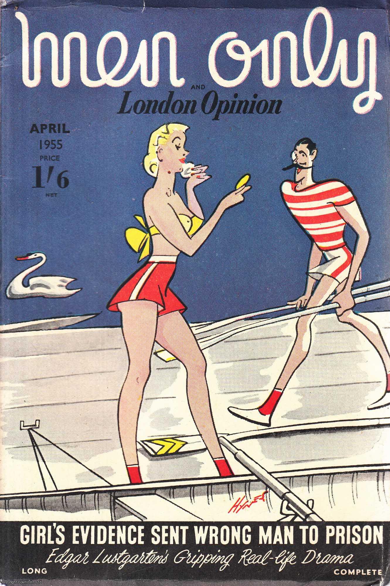 EDWARD S. HYNES (ILLUSTRATOR) - A Girl's Evidence Sent the Wrong Man to Prison by Edgar Lustdarten. Colour cover illustration by Edward S. Hynes. Men Only & London Opinion. April 1955. Vol.58 no.232.