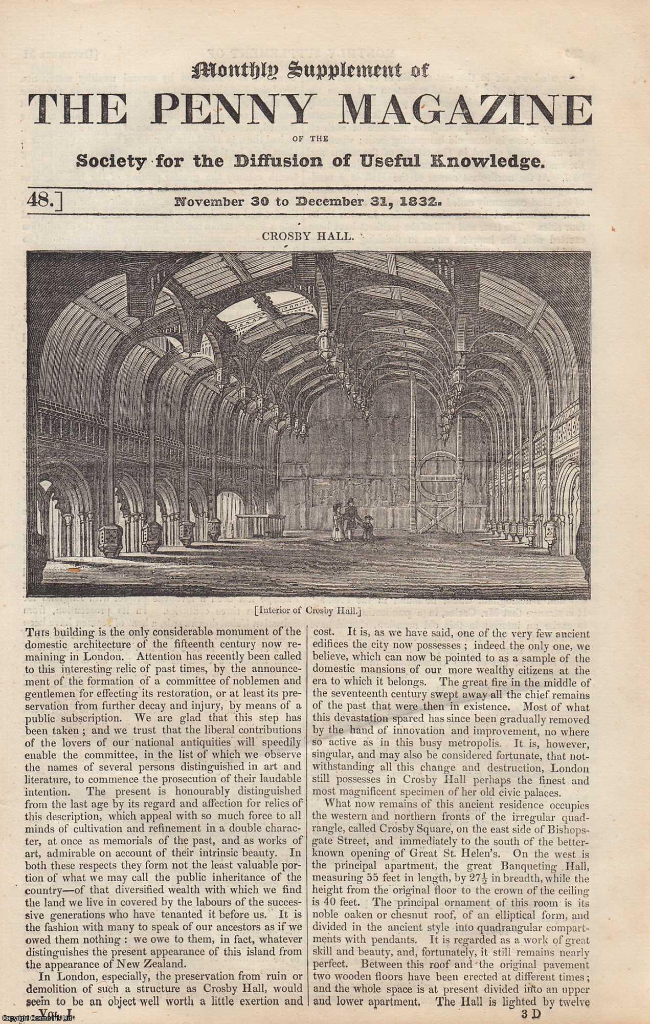 --- - Crosby Hall, etc. Issue No. 48, November 30th to December 31st, 1832. A complete rare weekly issue of the Penny Magazine, 1832.