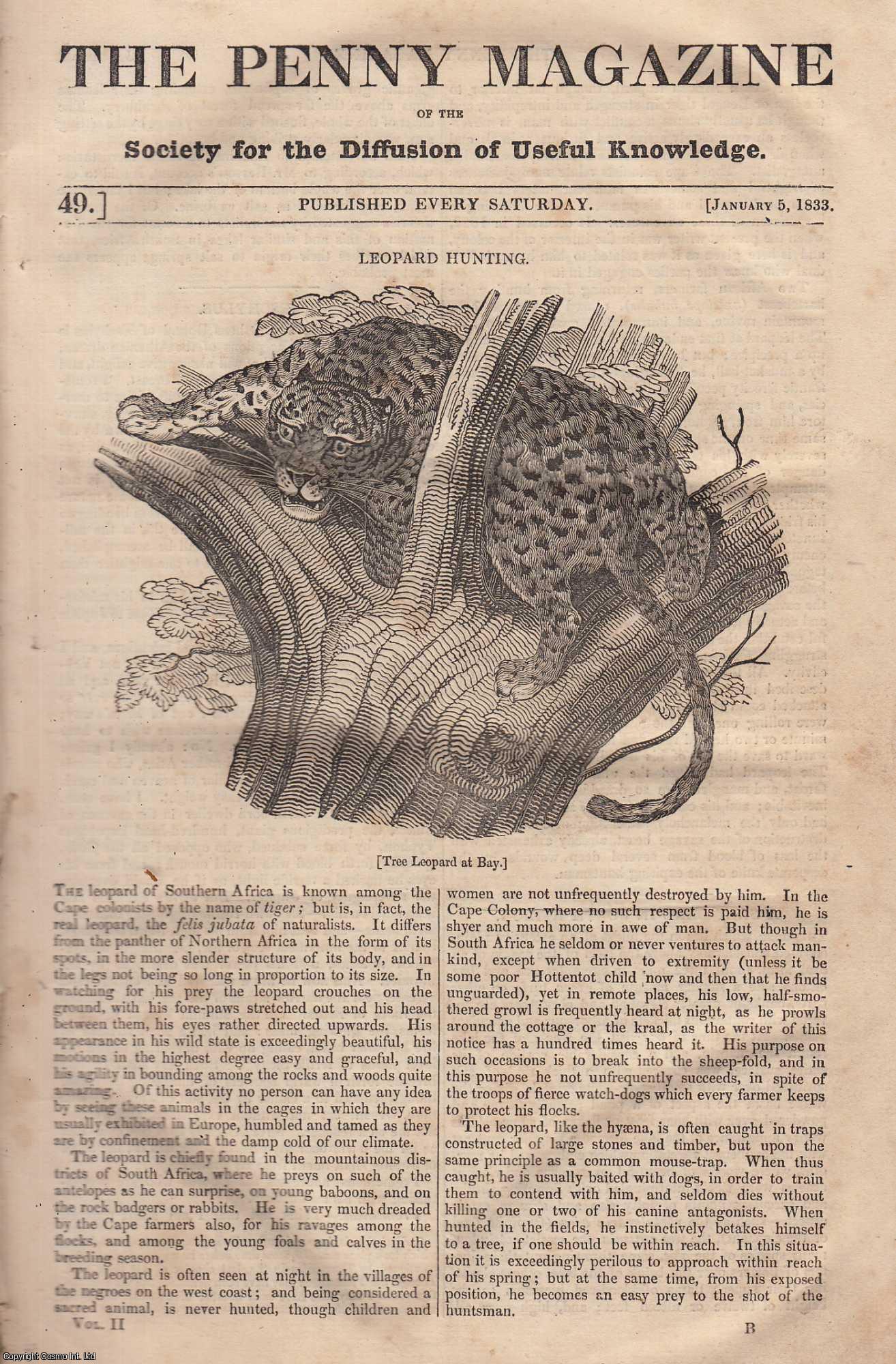 Penny Magazine - Leopard Hunting; A Salt Lake in South Africa, etc. Issue No. 49, January 5th, 1833. A complete original weekly issue of the Penny Magazine, 1833.