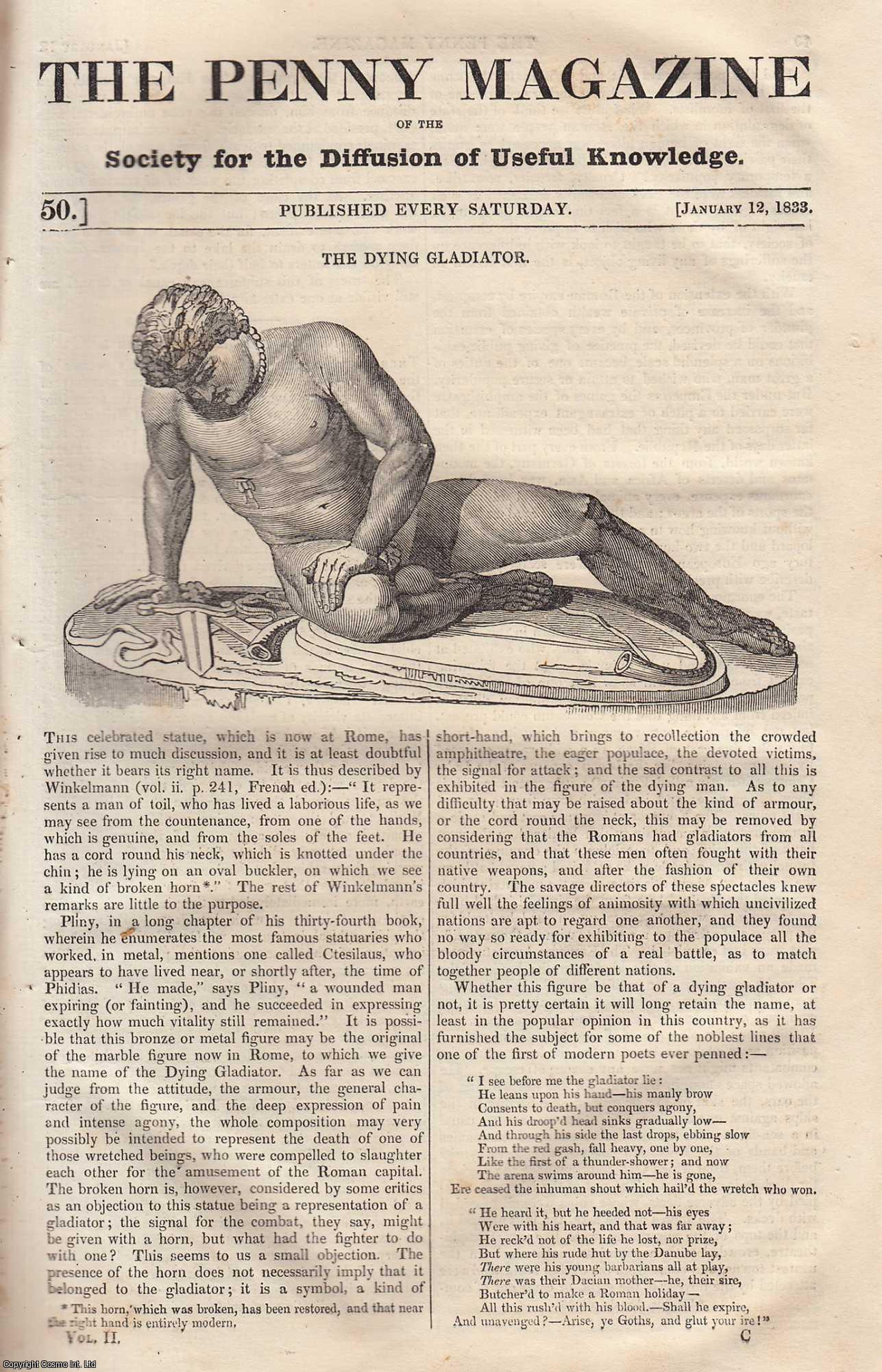 --- - The Dying Gladiator (statue in Rome); Flying (birds, bats, squirrels); The Ursine Baboon; The Cure of Burns by Cotton Wool; The Battle of Corunna, etc. Issue No. 50, January 12th, 1833. A complete rare weekly issue of the Penny Magazine, 1833.