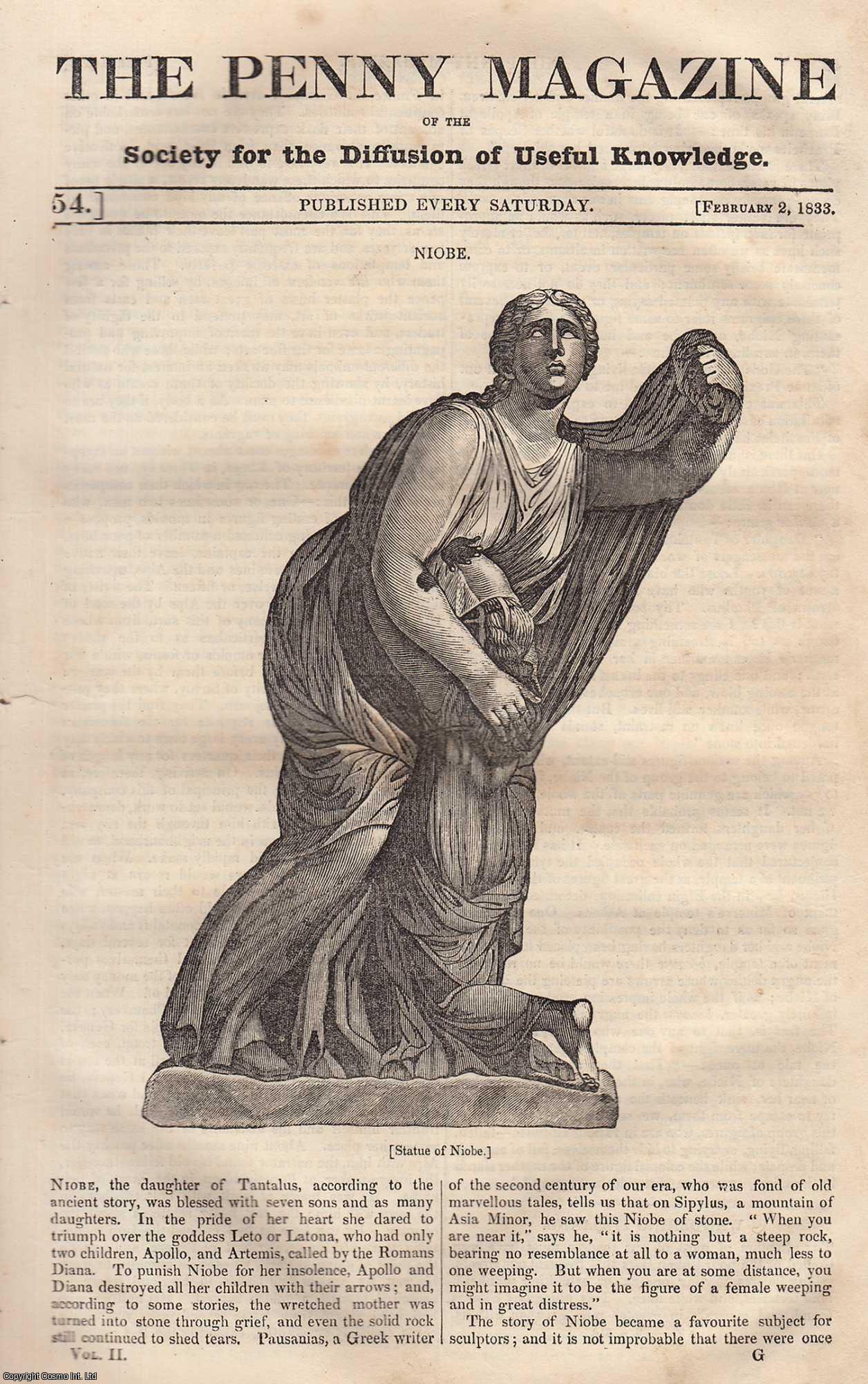 Penny Magazine - Niobe, The Statue (the daughter of Tantalus); The Dogs of St. Bernard; The Execution of Mary Stuart (mary queen of scots), etc. Issue No. 54, February 2nd, 1833. A complete original weekly issue of the Penny Magazine, 1833.