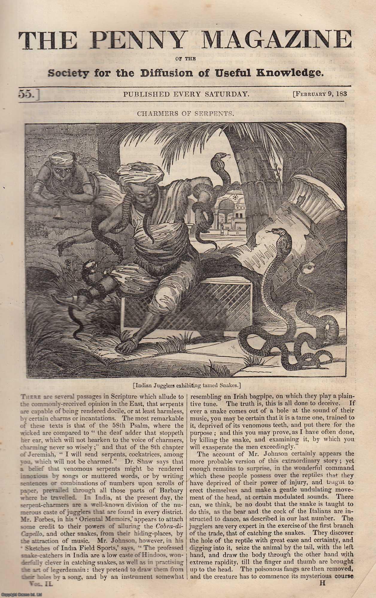 Penny Magazine - Charmers of Serpents (Indian jugglers taming snakes); Virginia Water (The district of Windsor Forest); The herring Fishery (France); Lady Jane Grey (queen), etc. Issue No. 55, February 9th, 1833. A complete original weekly issue of the Penny Magazine, 1833.