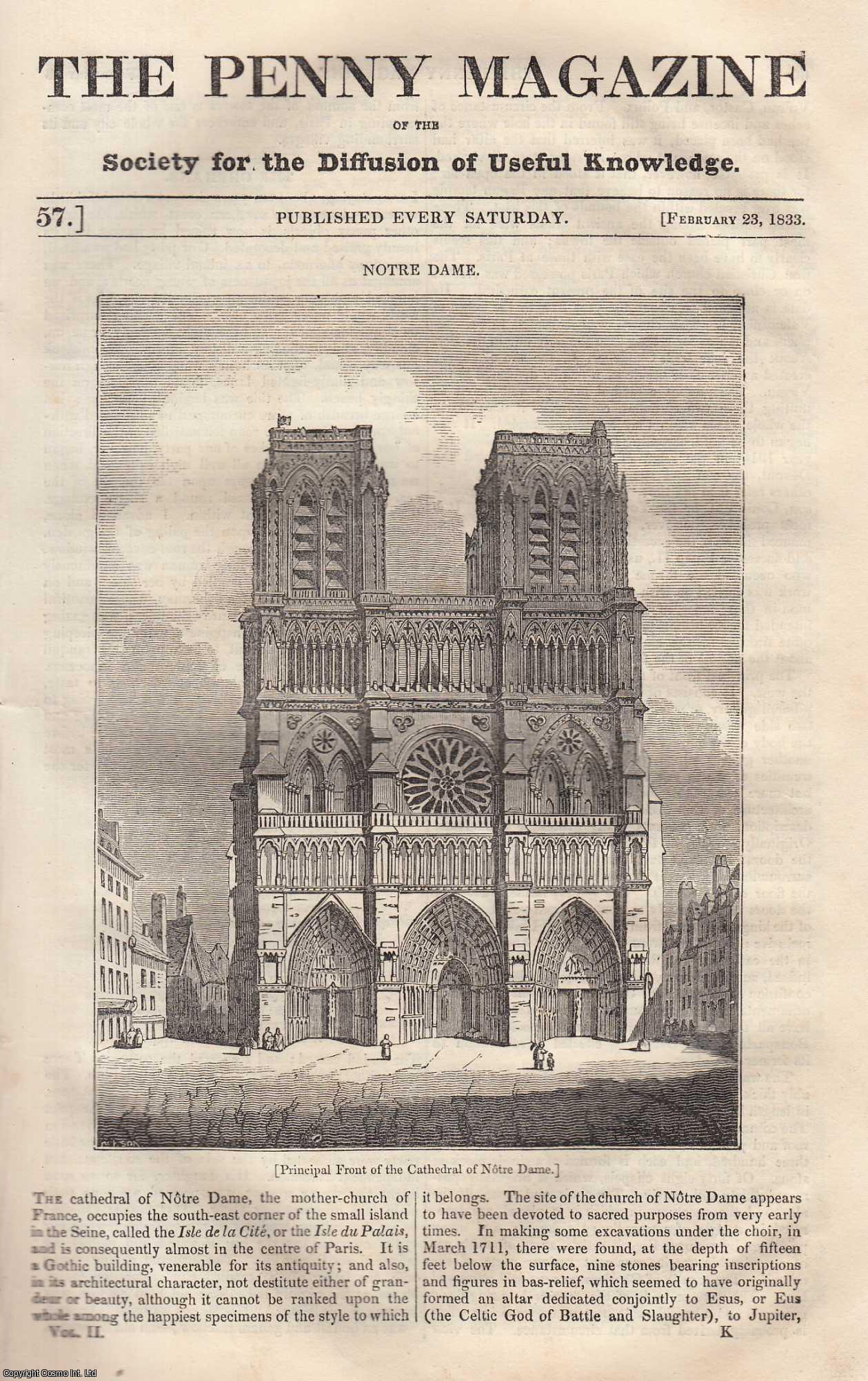 Penny Magazine - The Cathedral of Notre Dame; George Frederic Handel (composer); The Castle of Ehrenbreitstein (Germany); The Hottentots, etc. Issue No. 57, February 23rd, 1833. A complete original weekly issue of the Penny Magazine, 1833.