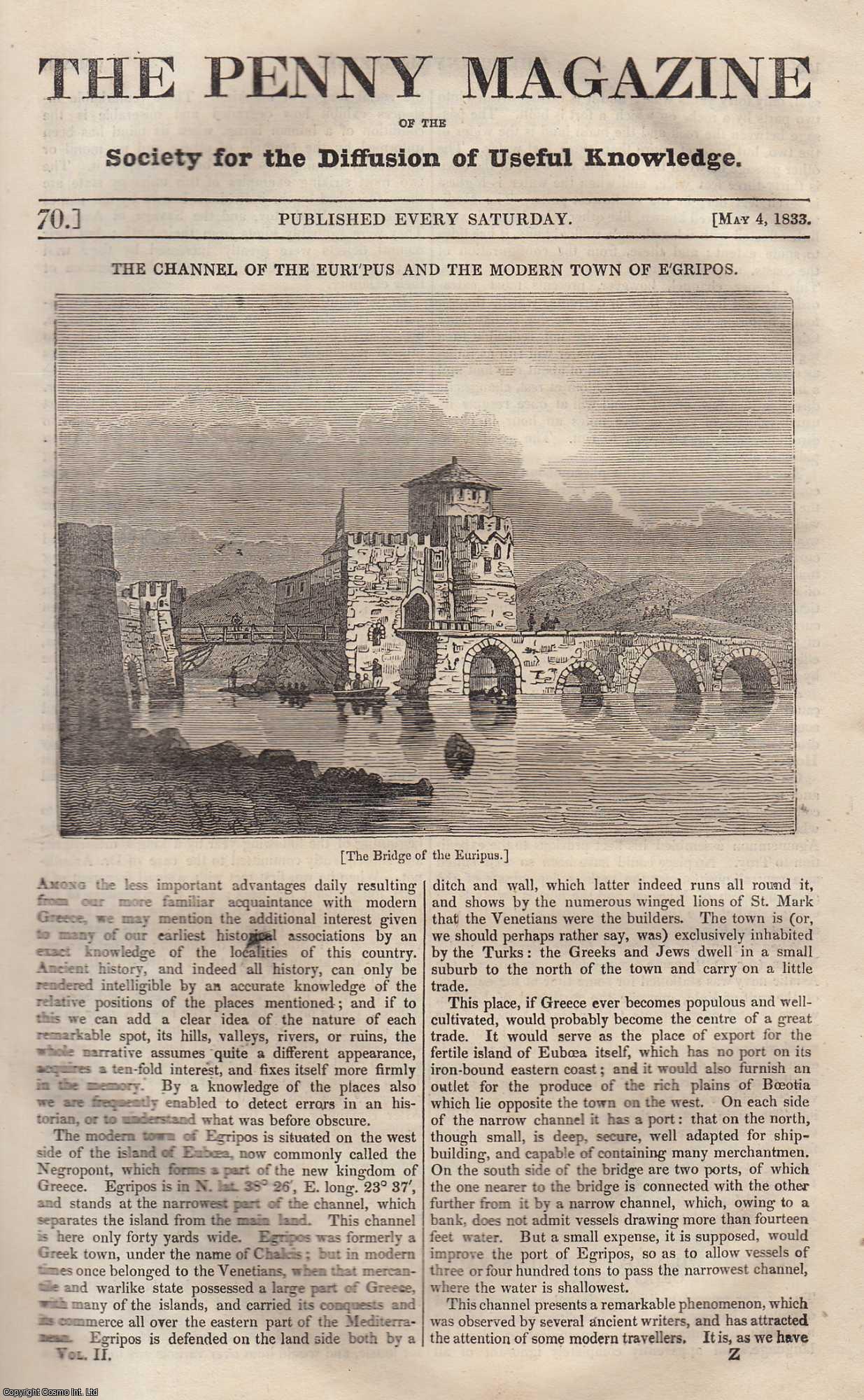 --- - The Channel of The Euripus and The Modern Town of E'Gripos; Peter The Wild Boy, and The Savage of Aveyron; St. Peter Curing The Cripple (cartoons of Raffaelle); The Pearl Fishery of Ceylon, etc. Issue No. 70, May 4th, 1833. A complete rare weekly issue of the Penny Magazine, 1833.