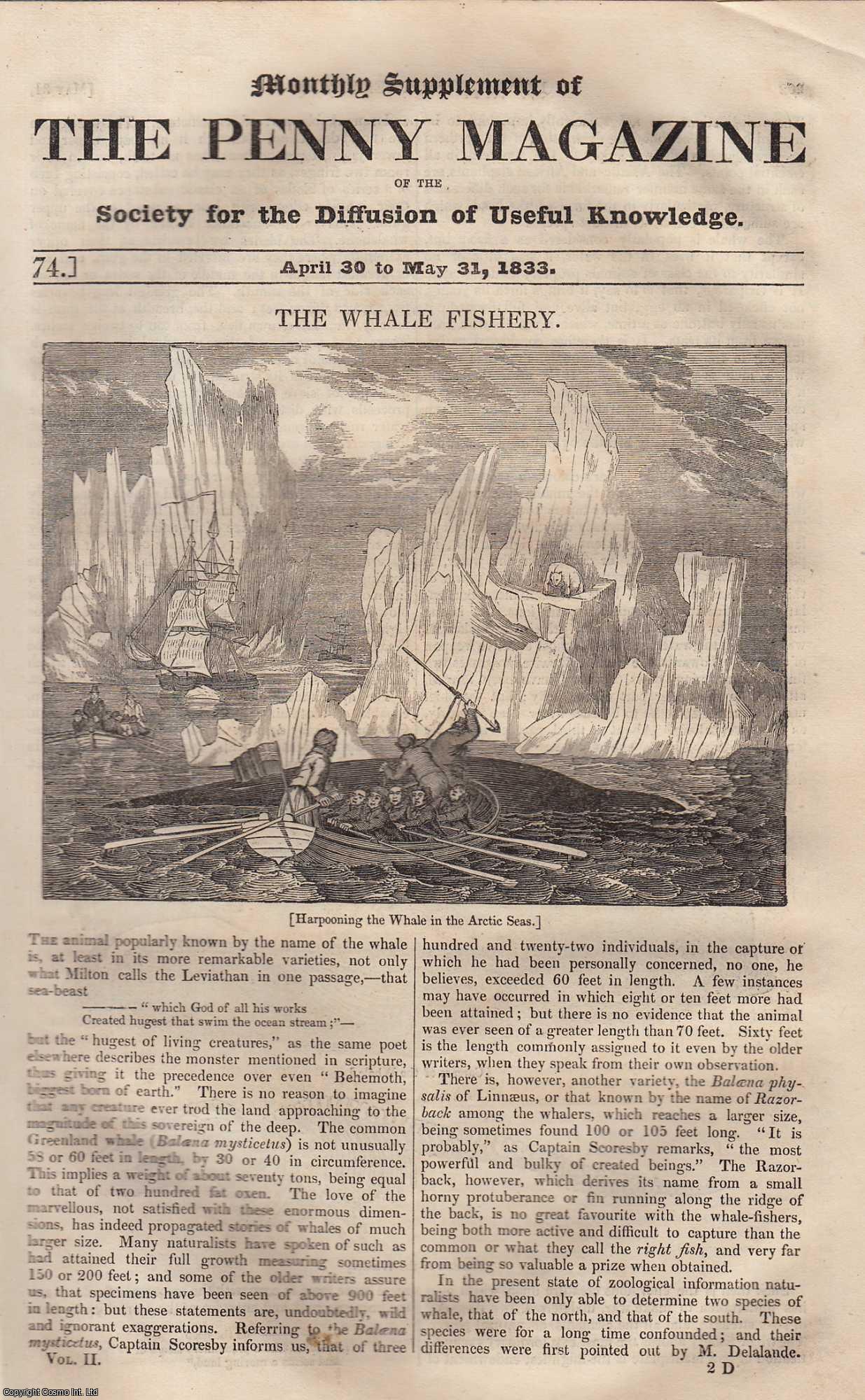 Penny Magazine - The Whale Fishery, and The Dangers (Harpooning Whales in the Arctic Seas), etc. Issue No. 74, April 30th to May 31st, 1833. A complete original weekly issue of the Penny Magazine, 1833.