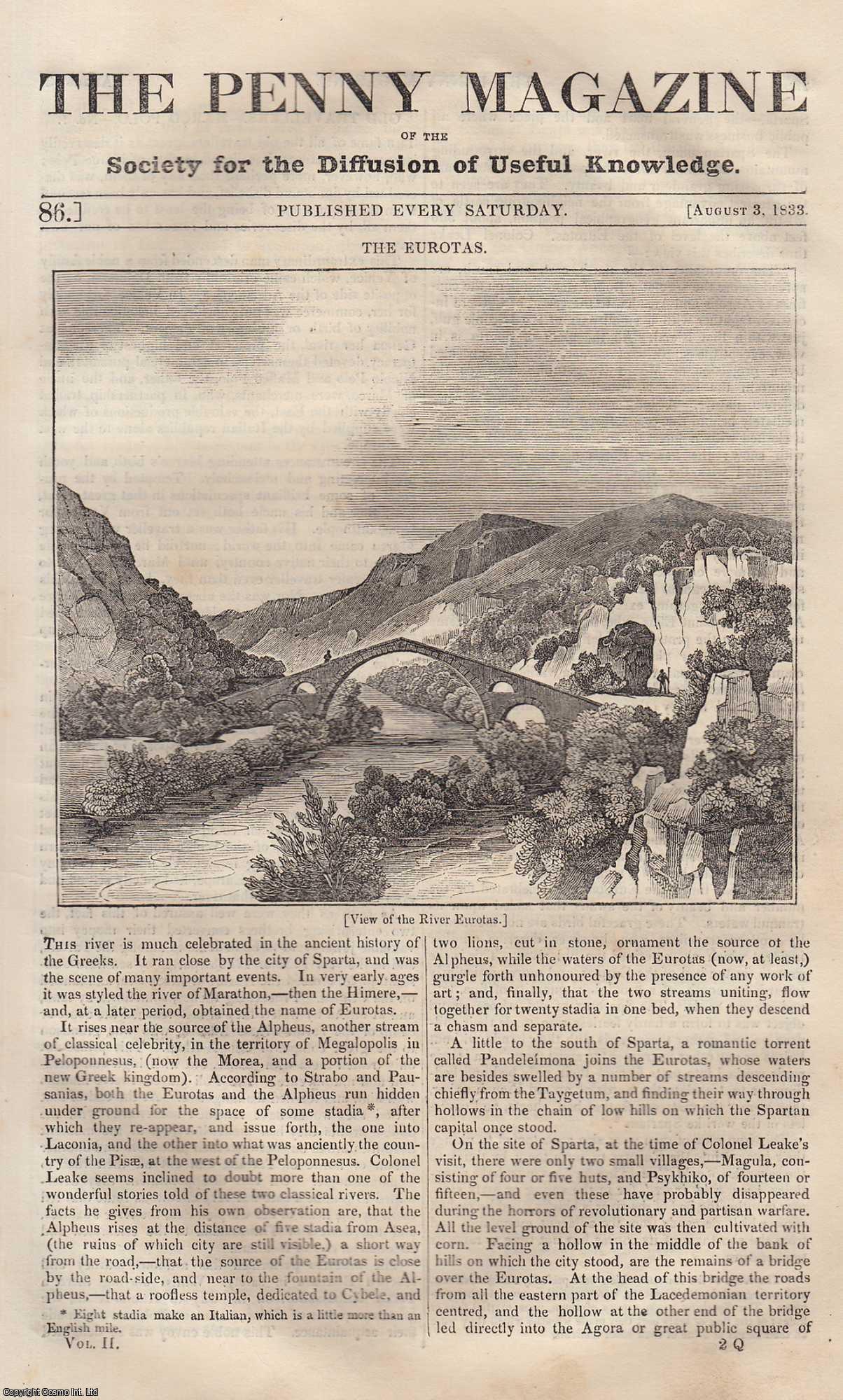 Penny Magazine - The River of Eurotas; The Grain Worms; Eruption of Mount Aetna in 1832; The City of Carlisle, etc. Issue No. 86, August 3rd, 1833. A complete original weekly issue of the Penny Magazine, 1833.