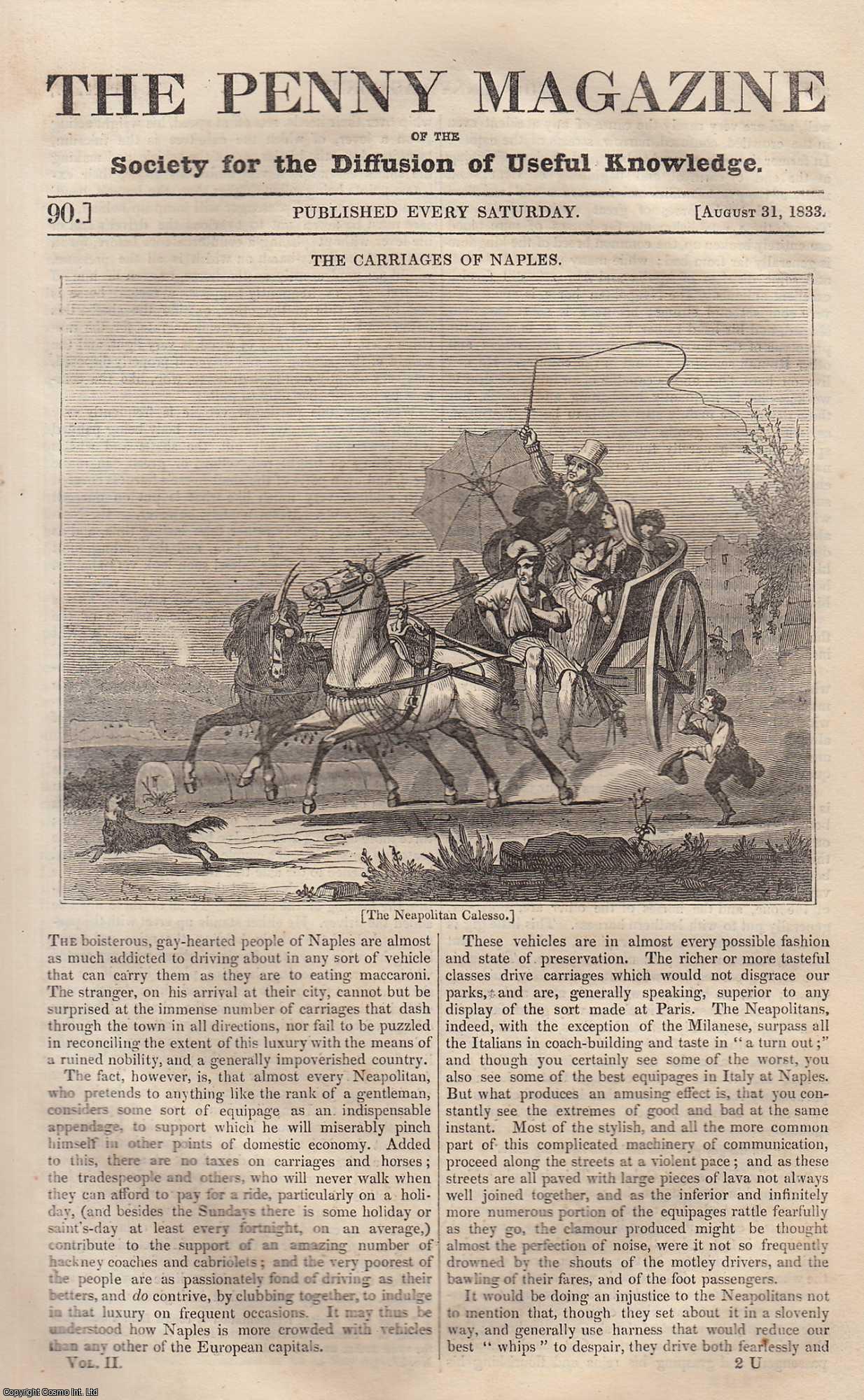 Penny Magazine - The (horse) Carriages of Naples; The Cathedral of Winchester; The Grain Worms, etc. Issue No. 90, August 31st, 1833. A complete original weekly issue of the Penny Magazine, 1833.