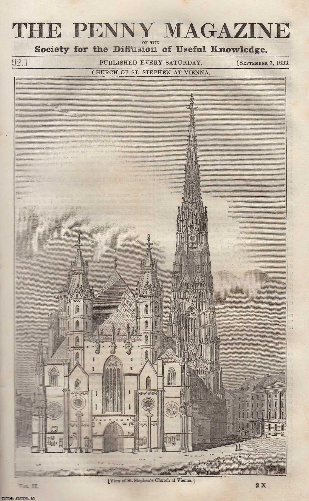 Penny Magazine - The Church of St. Stephen at Vienna; The Origin of The Royal Arsenal at Woolwich; Fata Morgana in The Bay of Reggio, etc. Issue No. 92, September 7th, 1833. A complete original weekly issue of the Penny Magazine, 1833.