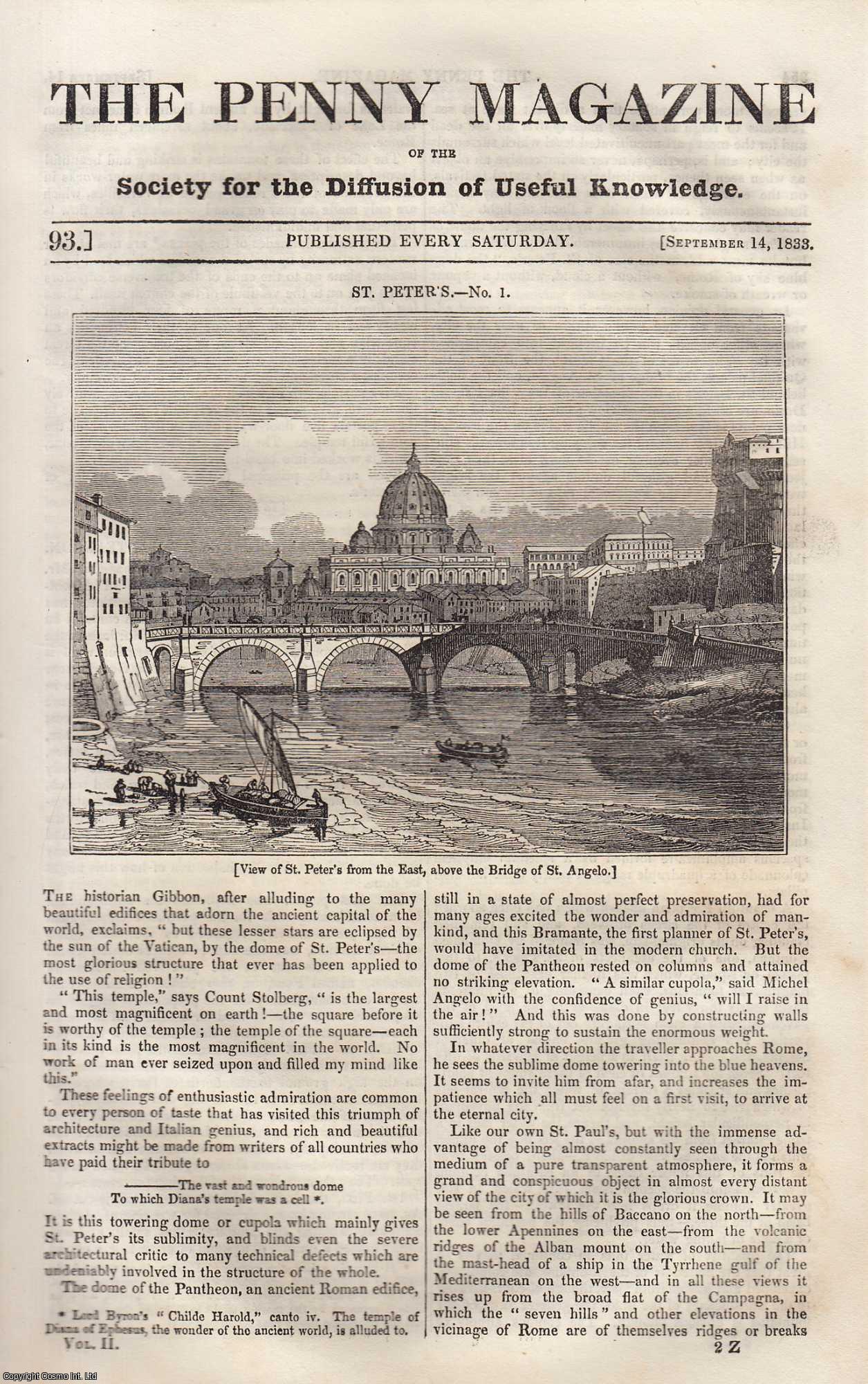 --- - St. Peter's Temple (part 1), Rome; The Burrowing-Owl and Prairie Dog; The Fountain of The Elephant at Paris, etc. Issue No. 93, September 14th, 1833. A complete rare weekly issue of the Penny Magazine, 1833.