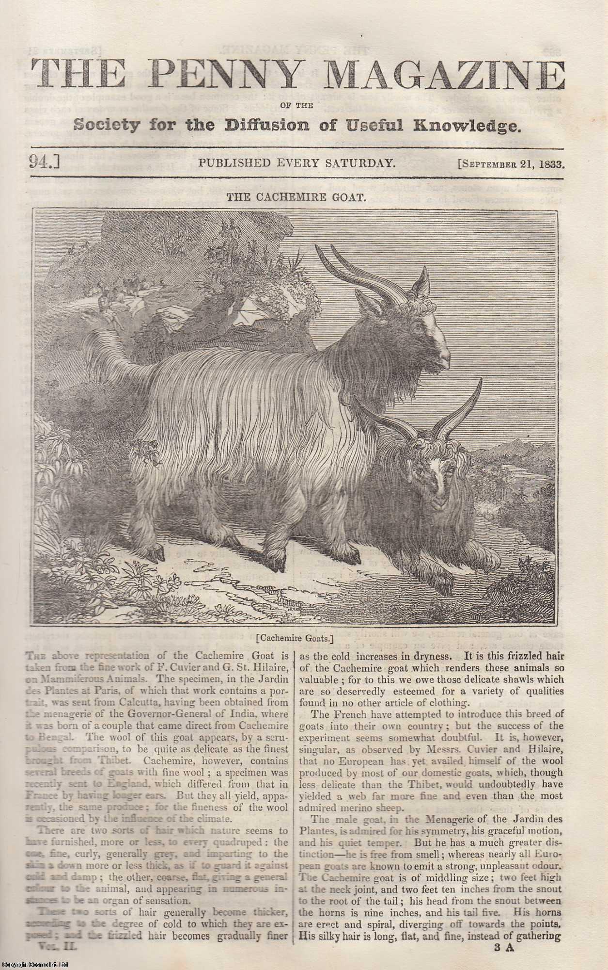 Penny Magazine - The Cachemire Goat (animal); The Natural Bridges of Icononzo; The City of Rochester, etc. Issue No. 94, September 21st, 1833. A complete original weekly issue of the Penny Magazine, 1833.