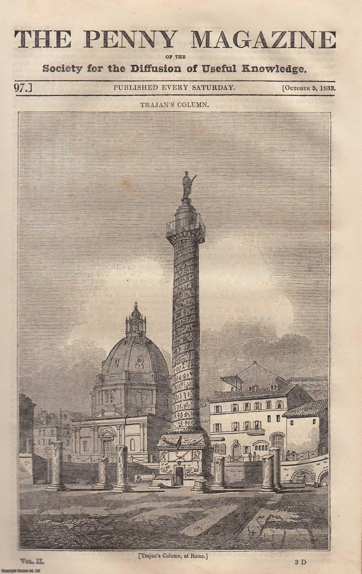 Penny Magazine - Trajan's Column, Rome; The Cathedral of Rochester; The Wild Turkey (bird), etc. Issue No. 97, October 5th, 1833. A complete original weekly issue of the Penny Magazine, 1833.