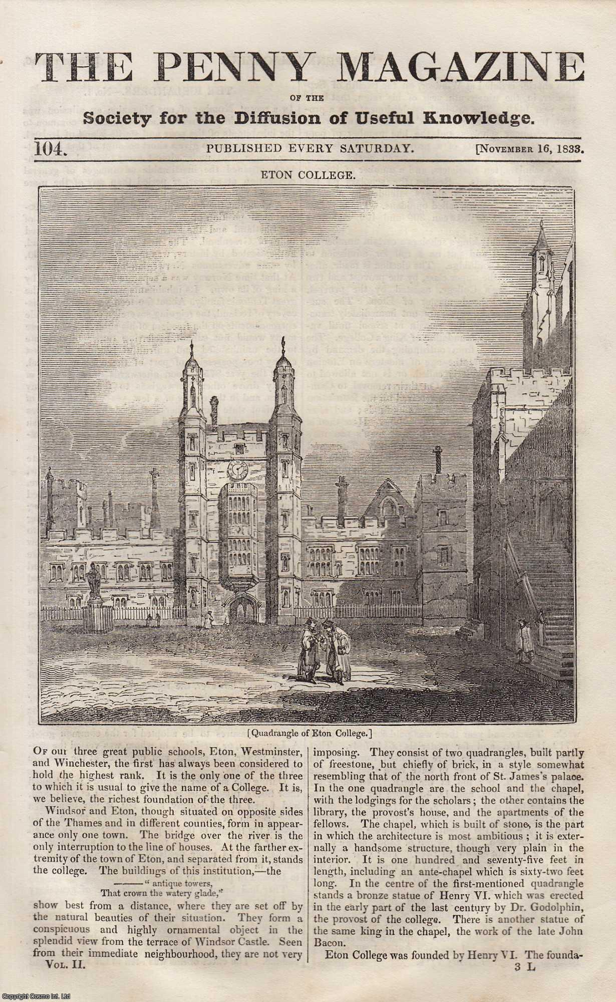 Penny Magazine - Eton College, Windsor; The Mocking-Bird; The Town of Ypres, or Ypern (Belgium), etc. Issue No. 104, November 16th, 1833. A complete original weekly issue of the Penny Magazine, 1833.