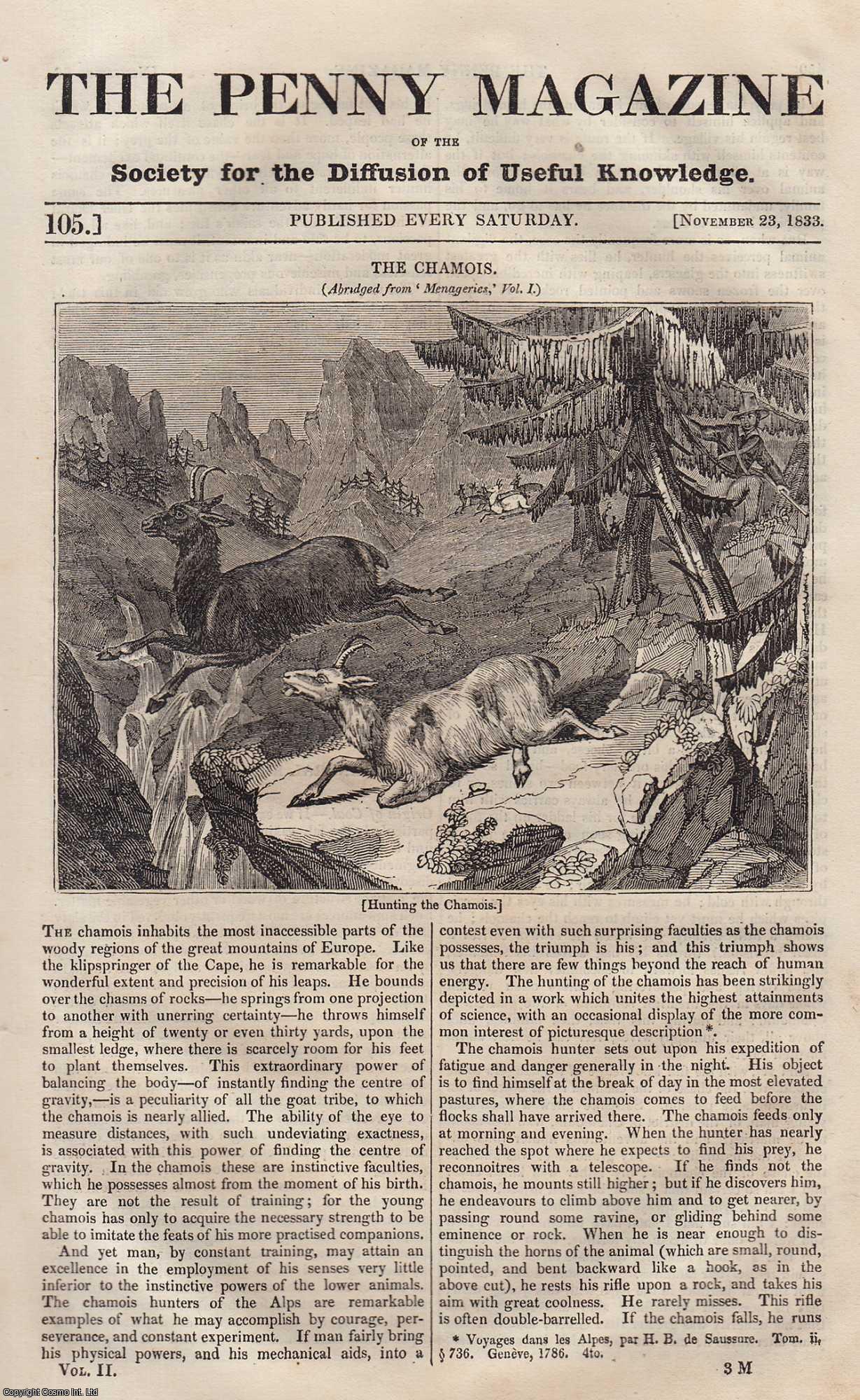 Penny Magazine - Hunting The Chamois (Goat like animal); Brighton Chain Pier (Bridges), etc. Issue No. 105, November 23rd, 1833. A complete original weekly issue of the Penny Magazine, 1833.