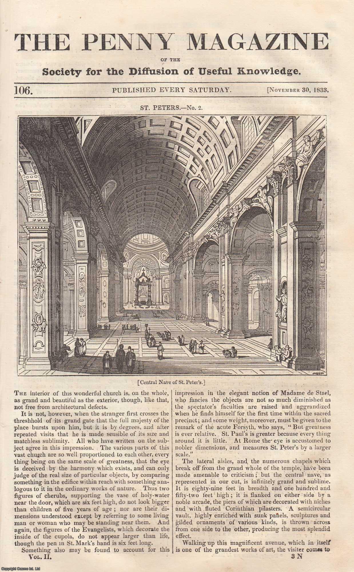 Penny Magazine - St. Peter's Temple (part 2), Rome; The Plague of Bagdad (by one of the survivors); The City of Canterbury; Palmyra, Syria (part 1), etc. Issue No. 106, November 30th, 1833. A complete original weekly issue of the Penny Magazine, 1833.