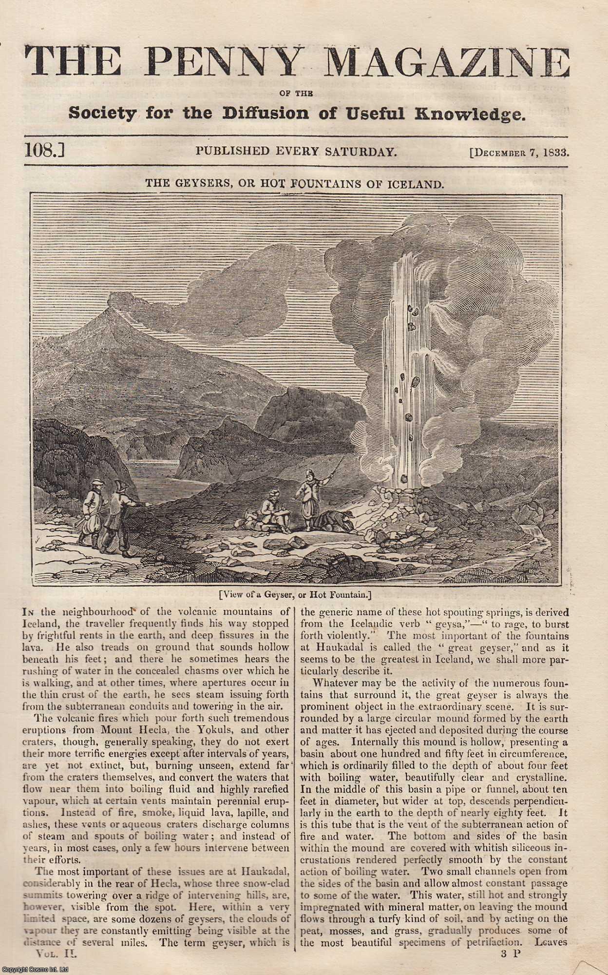 Penny Magazine - St. Peter's Temple (part 3), Rome; The Geysers, or Hot Fountains of Iceland; The Difference Between Trading, Gambling, & Robbing, etc. Issue No. 108, December 7th, 1833. A complete original weekly issue of the Penny Magazine, 1833.