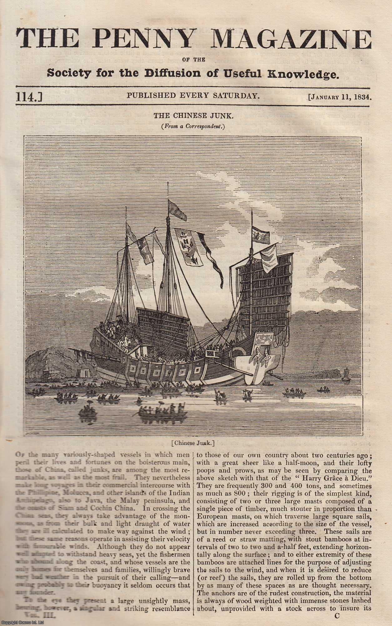 Penny Magazine - Chinese Junk (ship); Volcanic Island off The South Coast of Sicily; Improved System of Bee Management; The Town-Hall of Louvian; The Newfoundland Dog, etc. Issue No. 114, January 11th, 1834. A complete original weekly issue of the Penny Magazine, 1834.