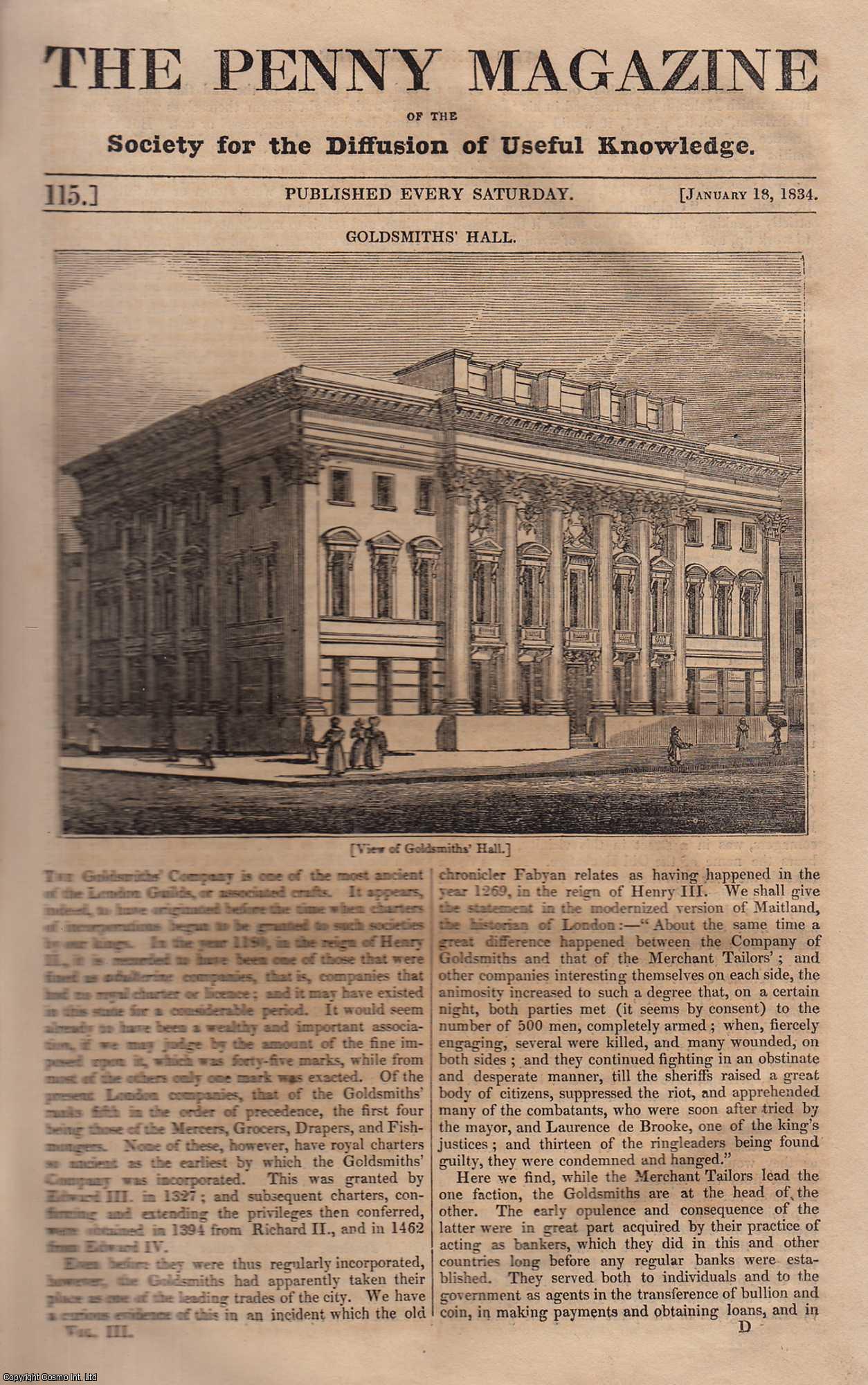 Penny Magazine - Goldsmiths Hall, London; Gibraltar; The Locust (insect), etc. Issue No. 115, January 18th, 1834. A complete original weekly issue of the Penny Magazine, 1834.