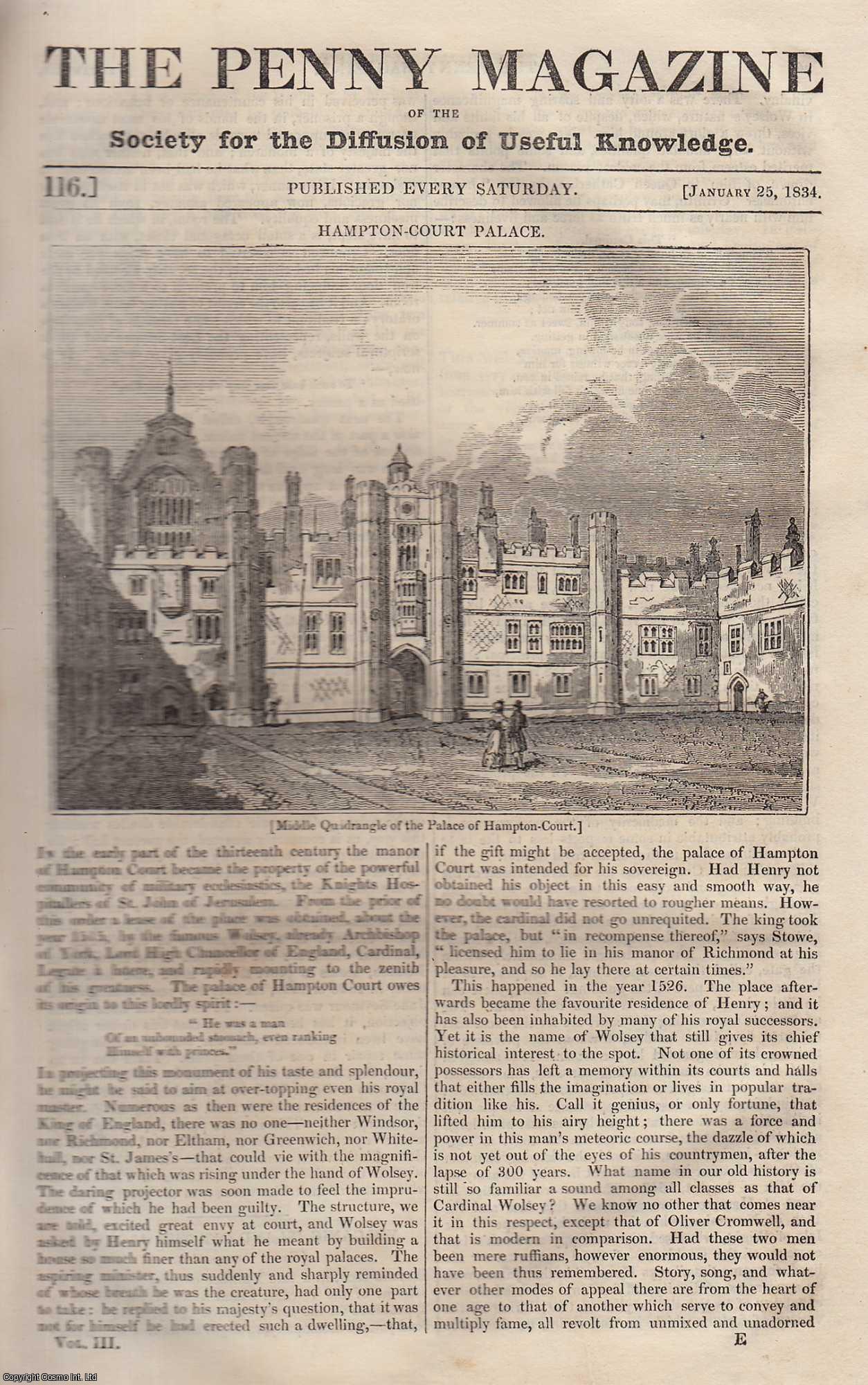 Penny Magazine - Hampton-Court Palace; Volcanic Island off The Azores; Shakespeare's Cliff, Dover; The Chetah, or Hunting Leopard, etc. Issue No. 116, January 25th, 1834. A complete original weekly issue of the Penny Magazine, 1834.