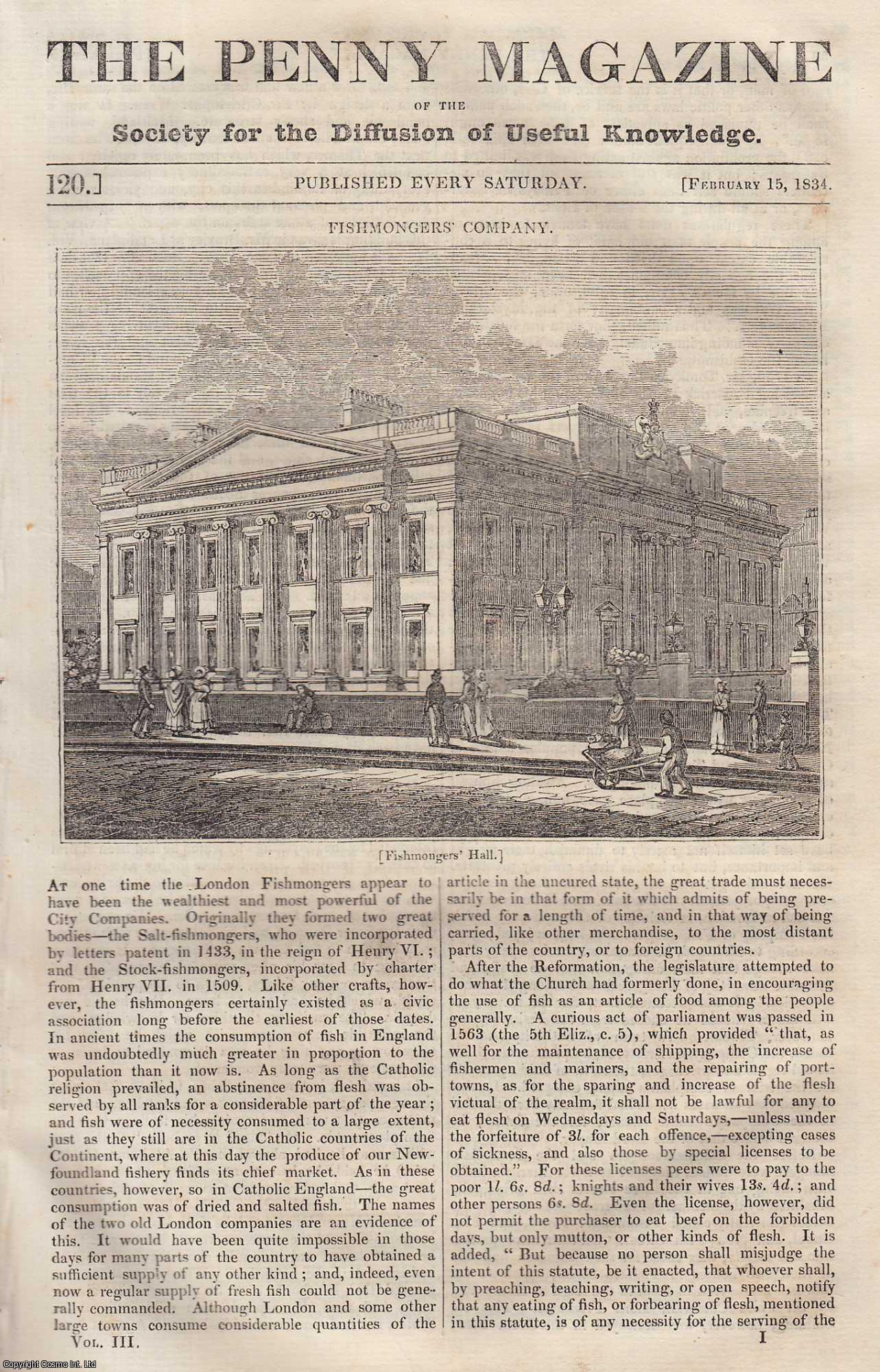 --- - London Fishmongers Company; The Obelisk of Luxor, Paris; The Pulse (beat of an artery); Tilbury Fort (Thames, London), etc. Issue No. 120, February 15th, 1834. A complete rare weekly issue of the Penny Magazine, 1834.