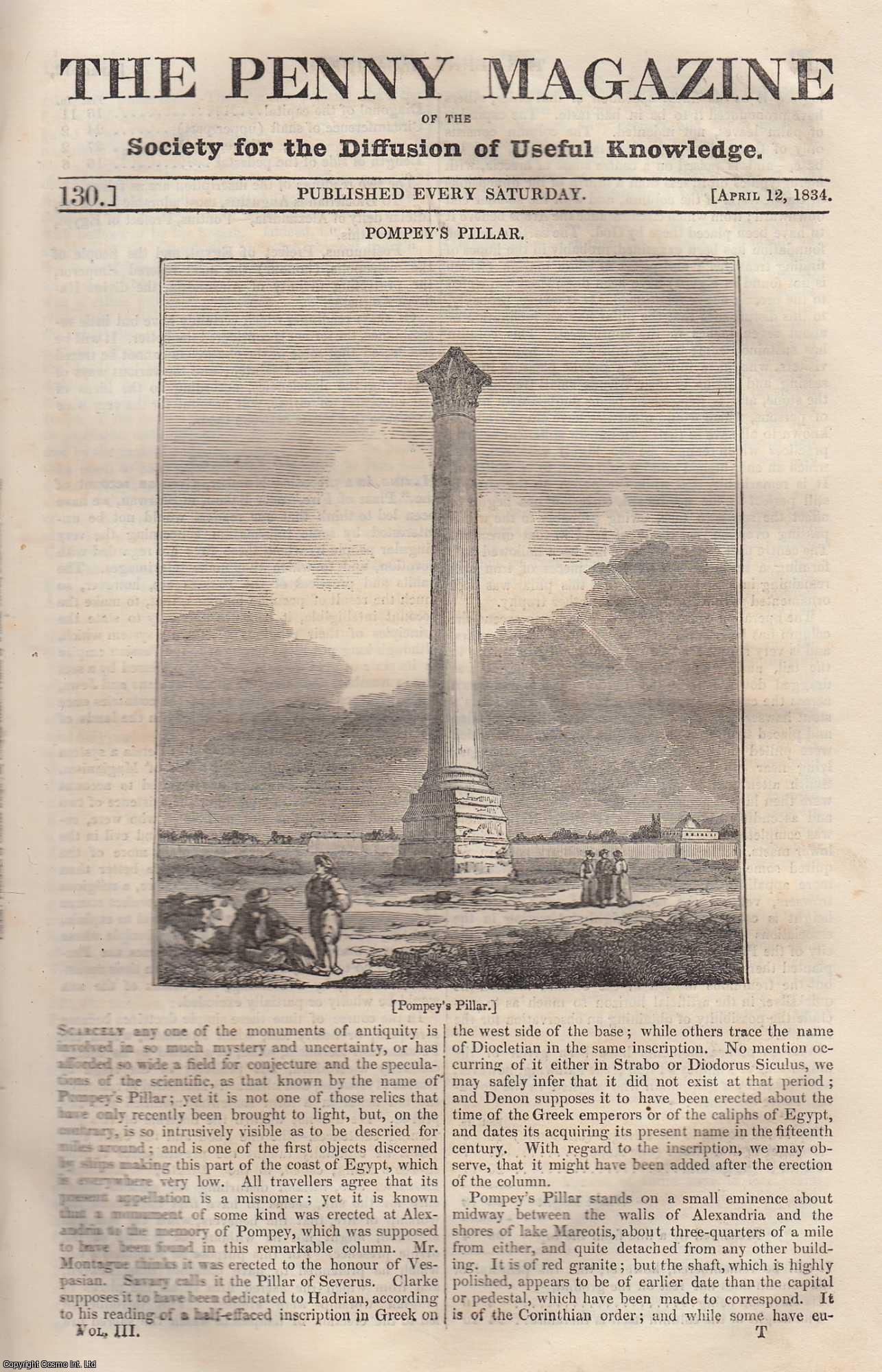 Penny Magazine - Pompey's Pillar, Egypt; Mahomet (the Turkish emperor); A Depraved Habit Cured, and a False Prejudice Overcome; Scarborough Castle, etc. Issue No. 130, April 12th, 1834. A complete original weekly issue of the Penny Magazine, 1834.