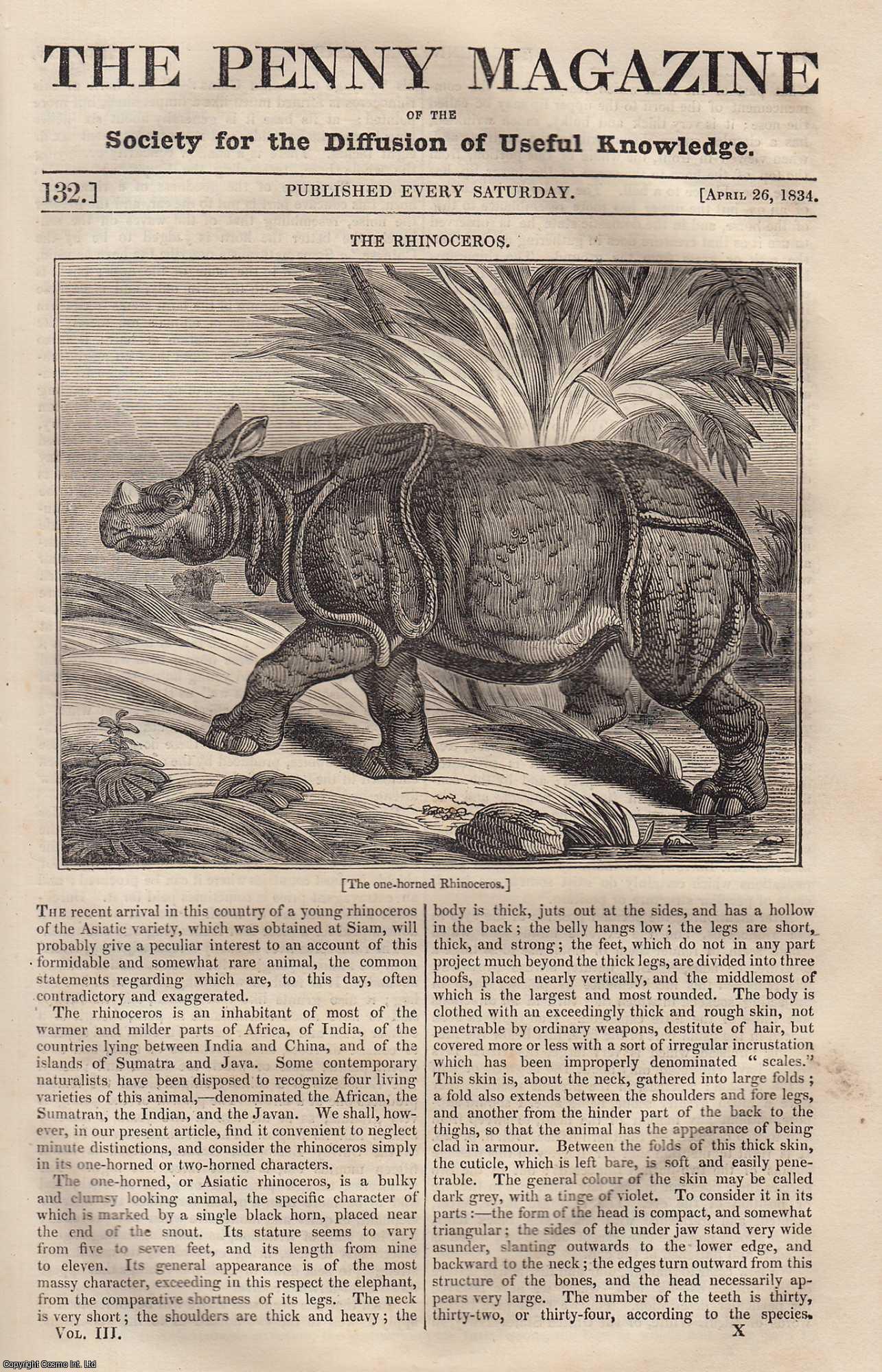 --- - The Rhinoceros; The Cathedral of Exeter; The Gondola (rowing boat), etc. Issue No. 132, April 26th, 1834. A complete rare weekly issue of the Penny Magazine, 1834.