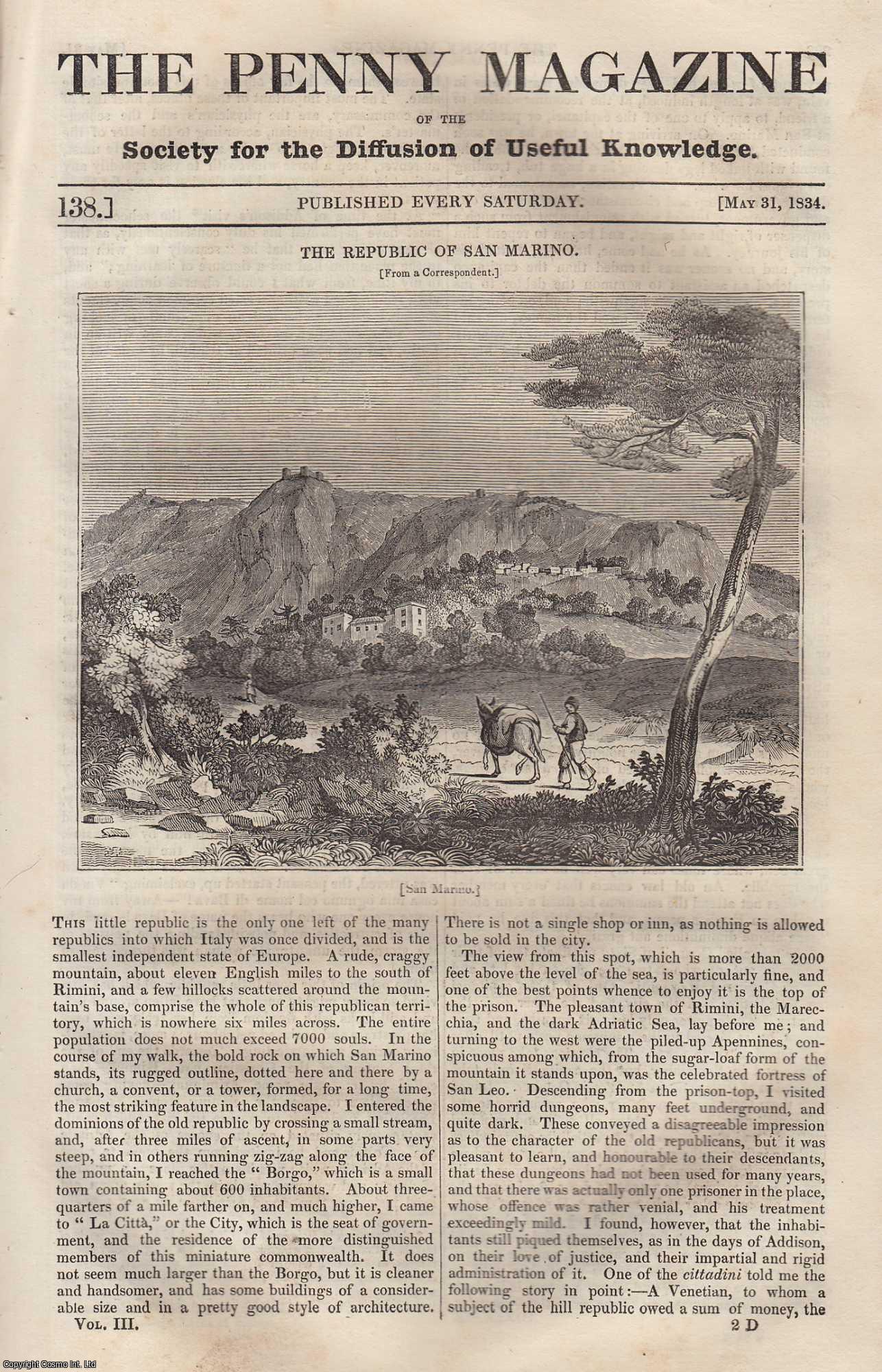 --- - The Republic of San Marino (Italy); The Manna Tree (Fraxinus ornus); The Wild Dog of The Western Ghauts of India; Caernarvon Castle, etc. Issue No. 138, May 31st, 1834. A complete rare weekly issue of the Penny Magazine, 1834.