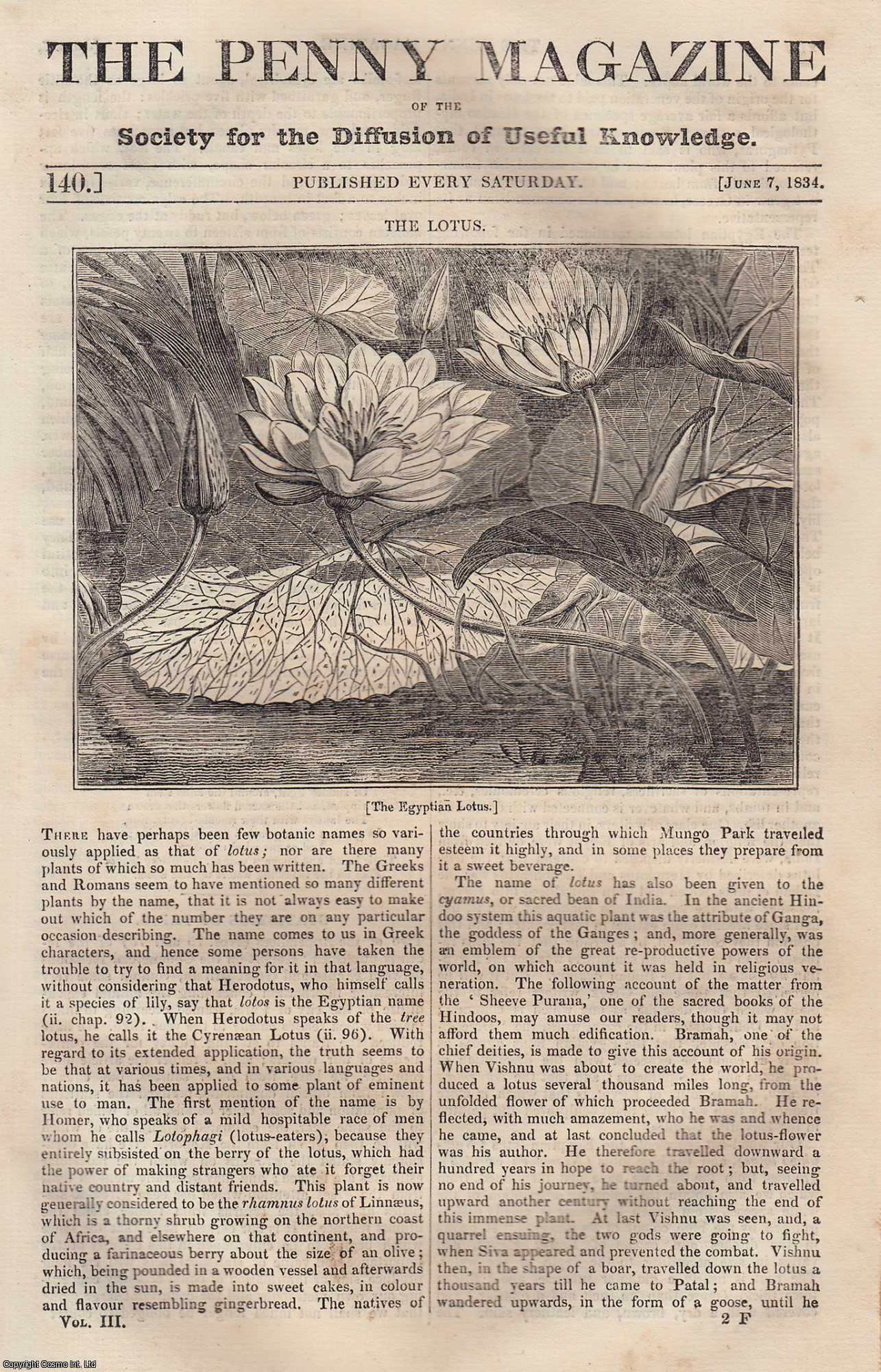 --- - The Lotus (plant); Striking Machinery of Clocks; Salt-Water Lake in India; Lionello Spada (painter), etc. Issue No. 140, June 7th, 1834. A complete rare weekly issue of the Penny Magazine, 1834.