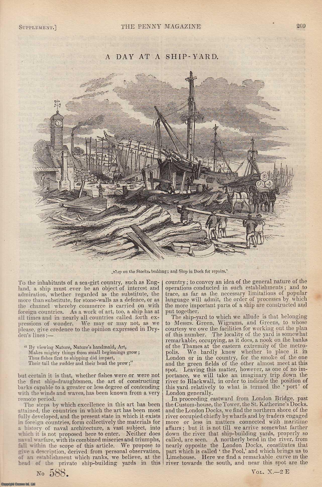 --- - A Day at Green, Wigrams, & Greens Ship-Yard, at Blackwall TOGETHER WITH A Second Day. Issue No. 588 & 593, 1841. Two complete rare weekly issues of the Penny Magazine, 1841.